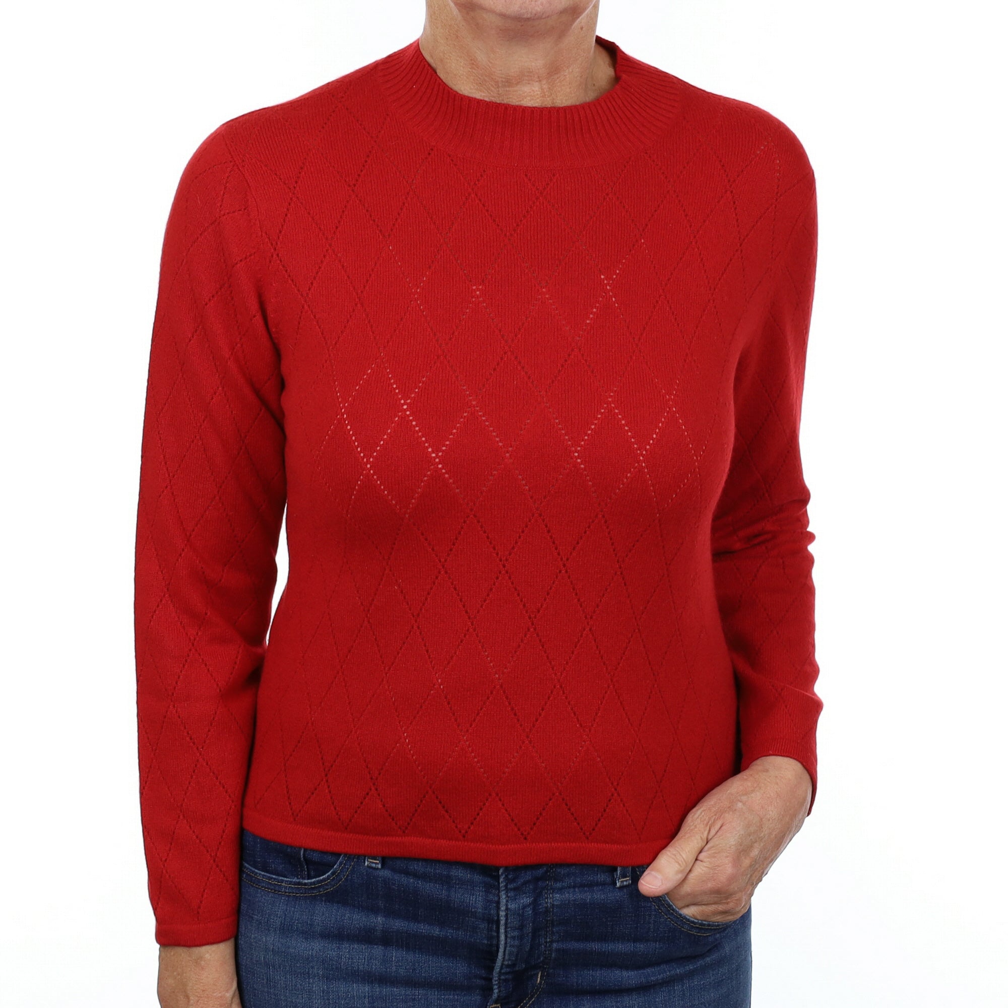 Scarlet Red Diamond Knit Cashmere Turtle Neck Jumper Medium