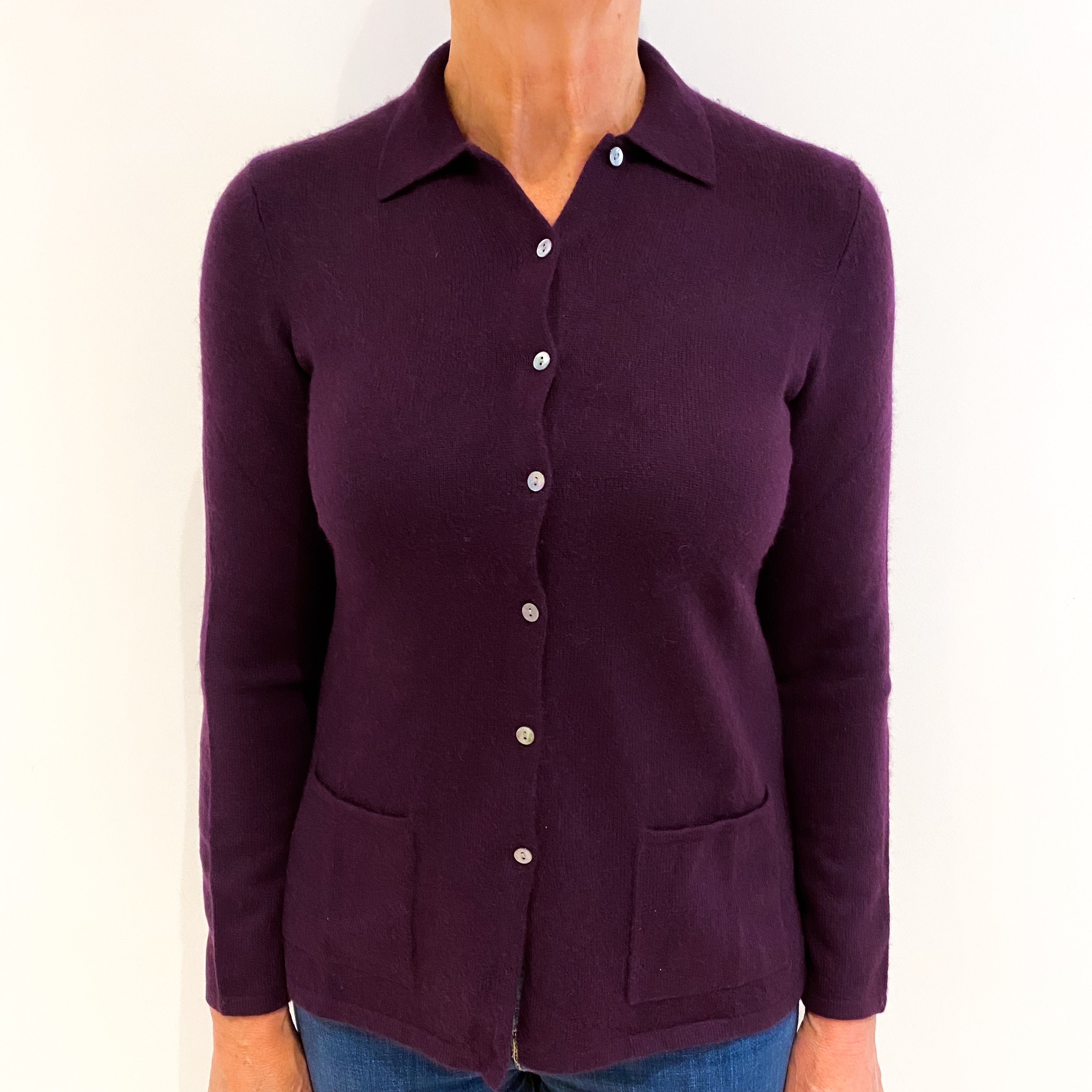 Aubergine Purple Collared Cashmere Cardigan Medium