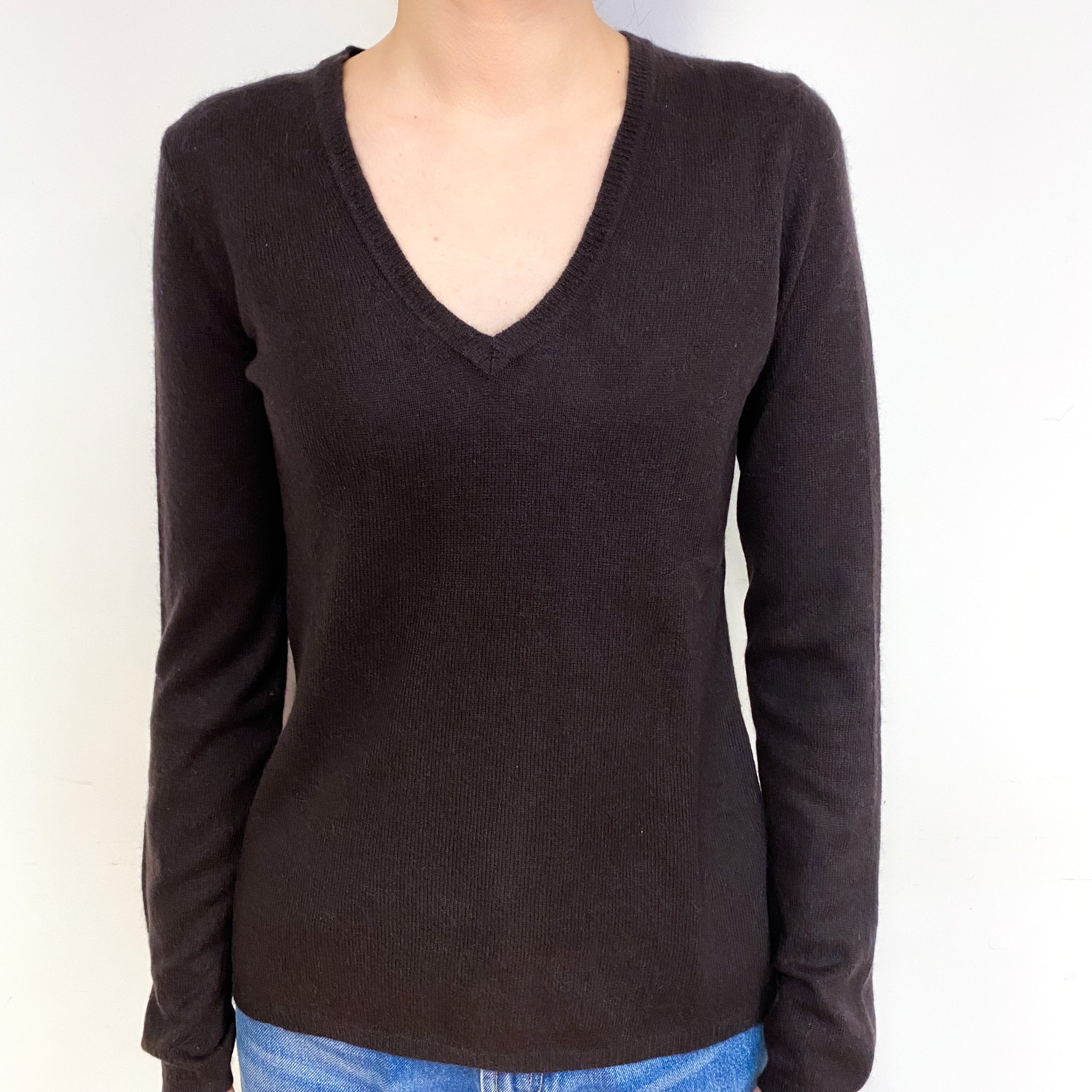 Dark Chocolate Brown Cashmere V-Neck Jumper Extra Small
