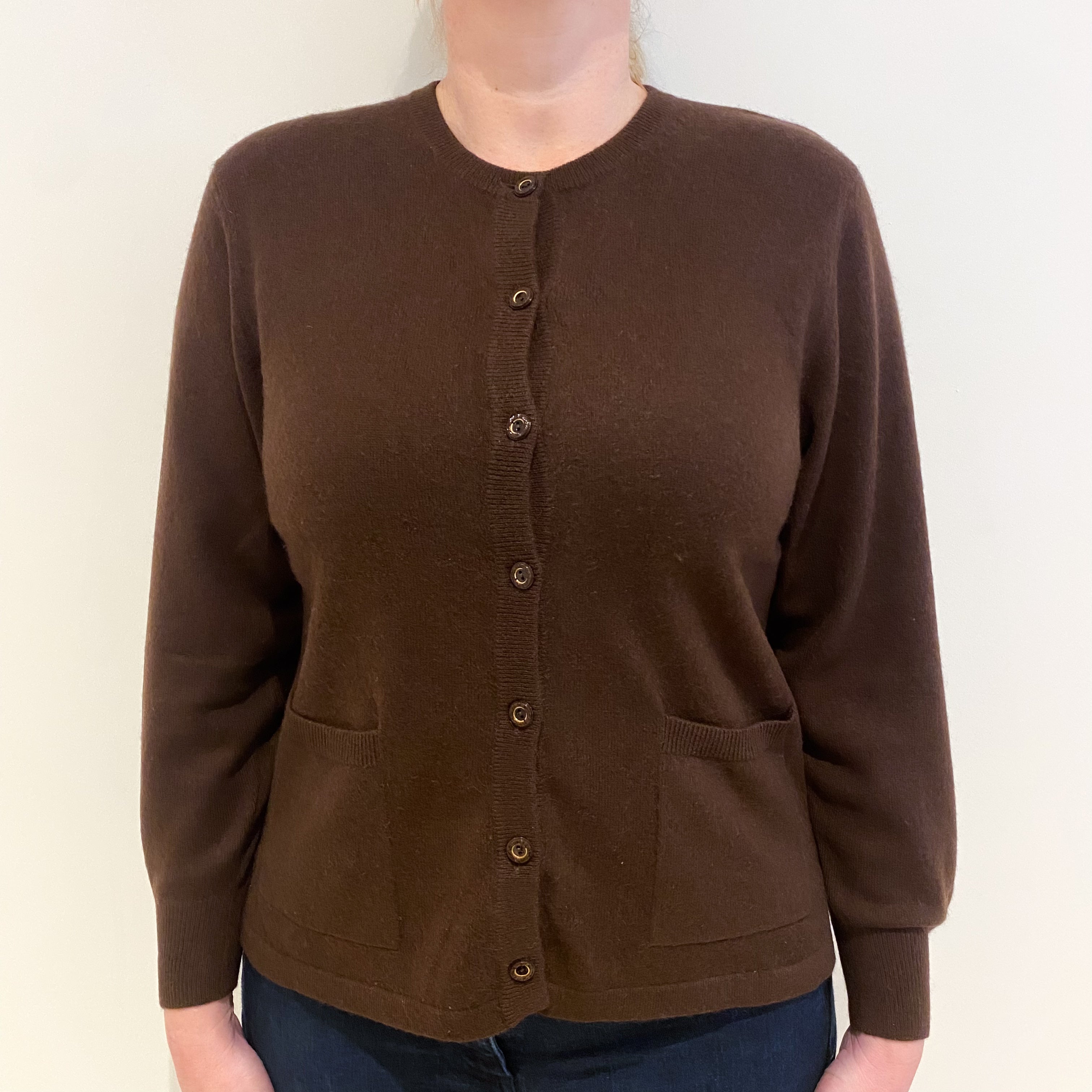 Chocolate Brown Cashmere Crew Neck Cardigan Large