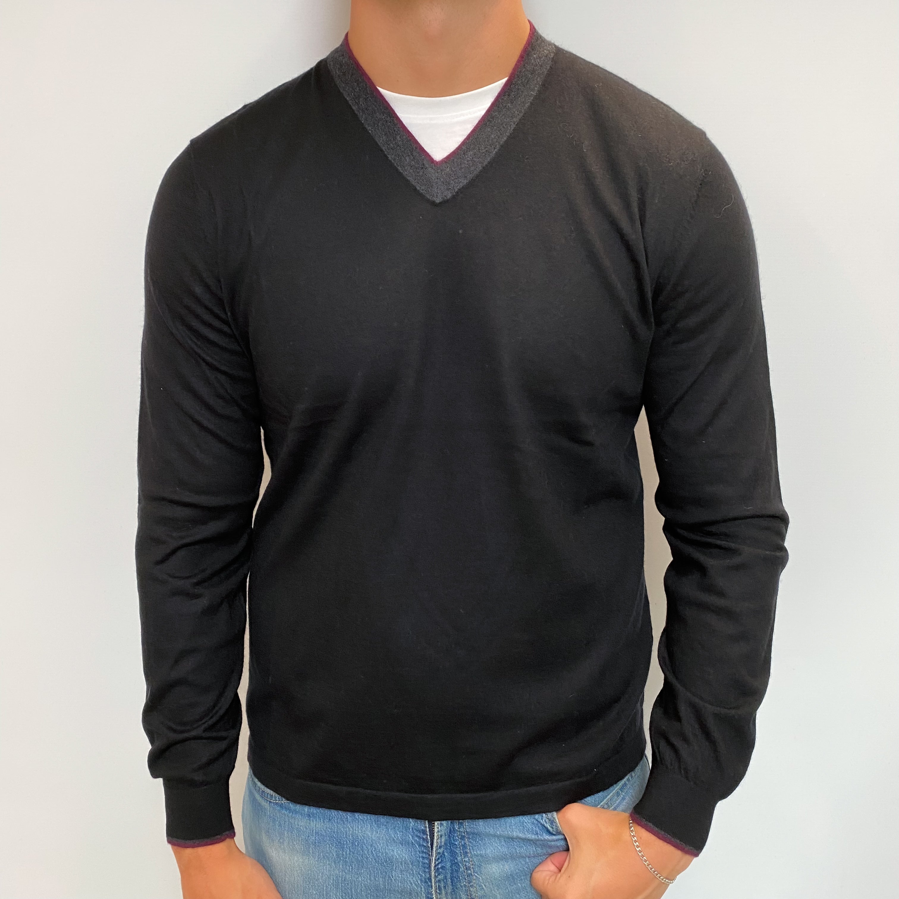 Men's Black Grey Trim Cashmere V Neck Jumper XL