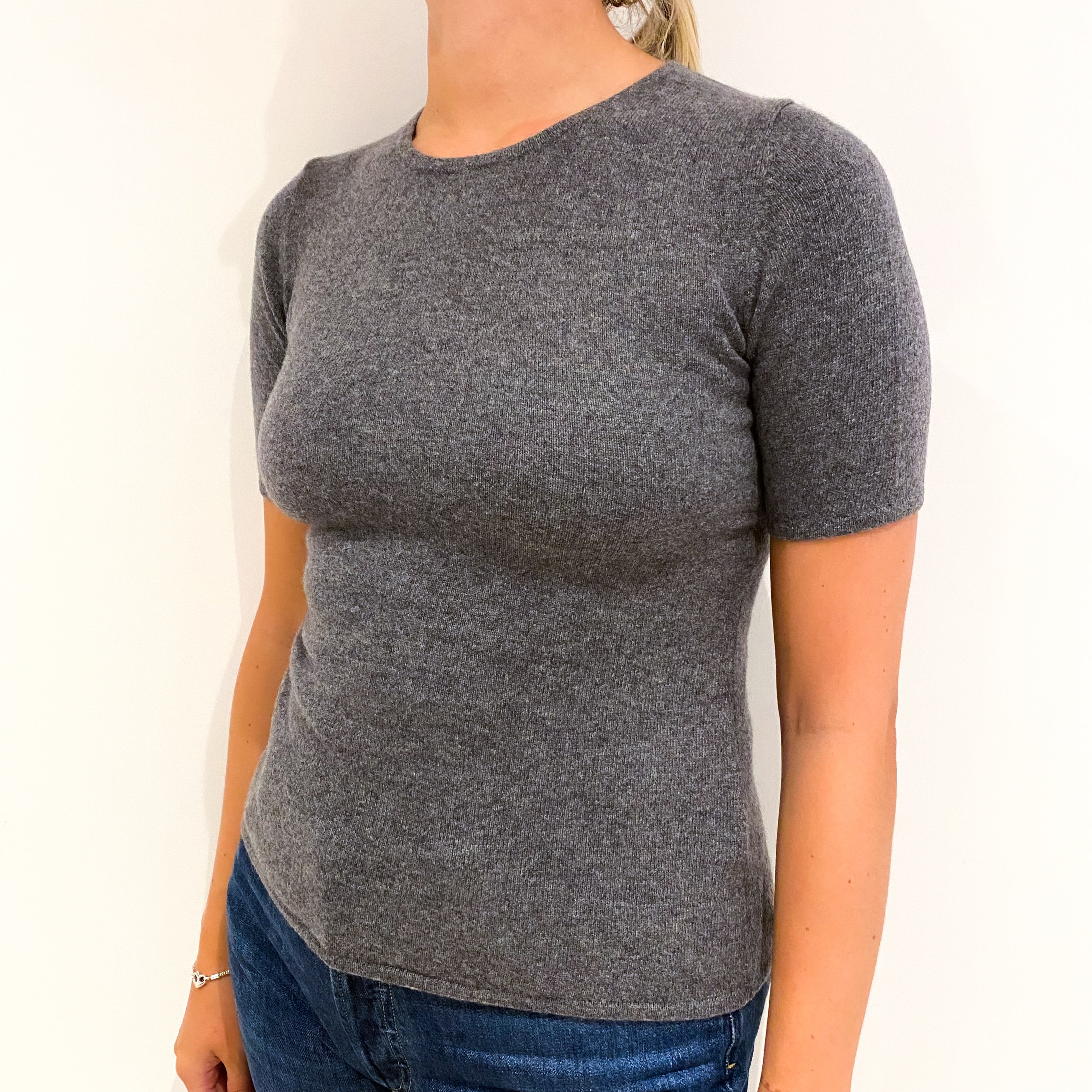 Ash Grey Short Sleeved Cashmere Crew Neck Jumper Small