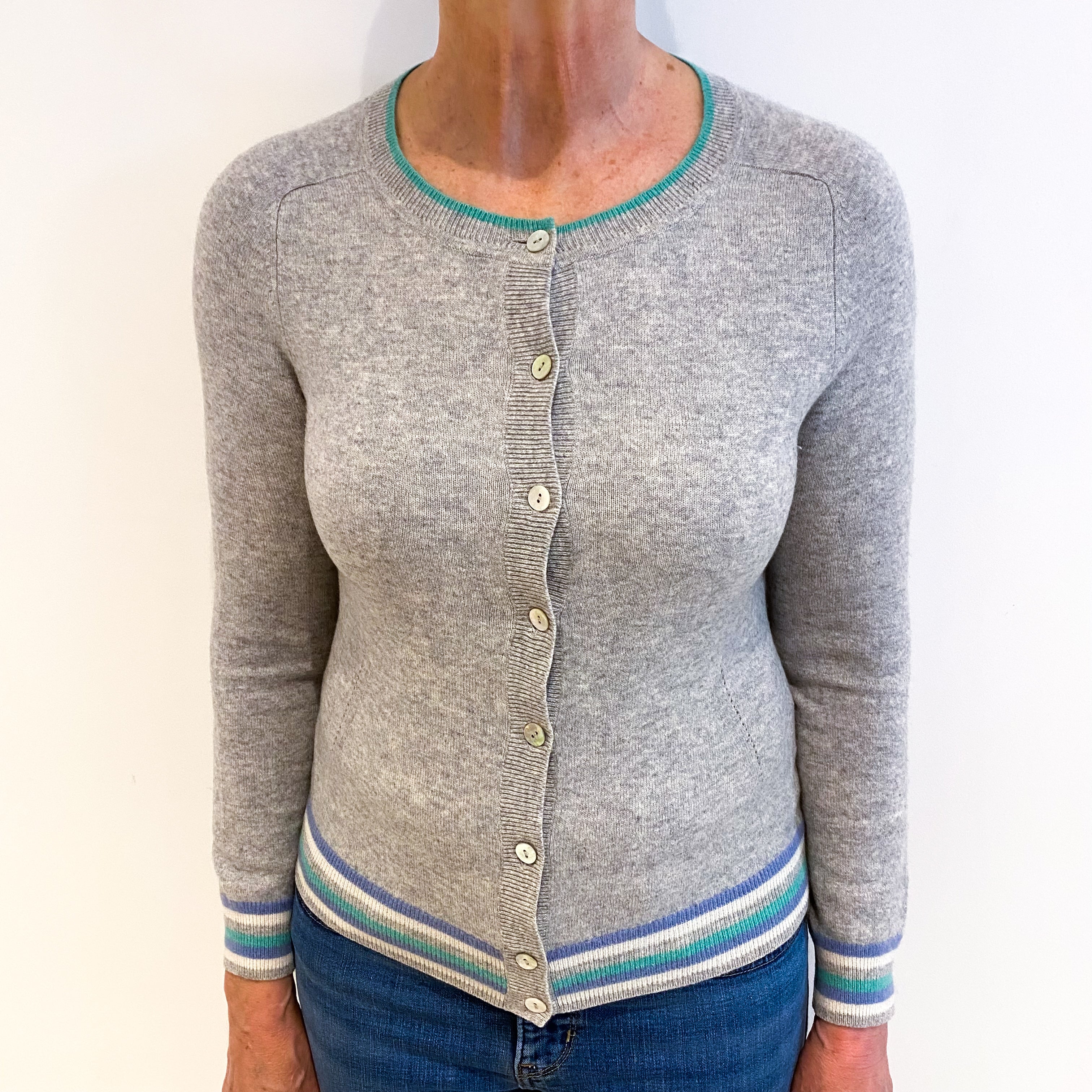 Smoke Grey Cashmere Crew Neck Cardigan With Blue And Green Trim Medium