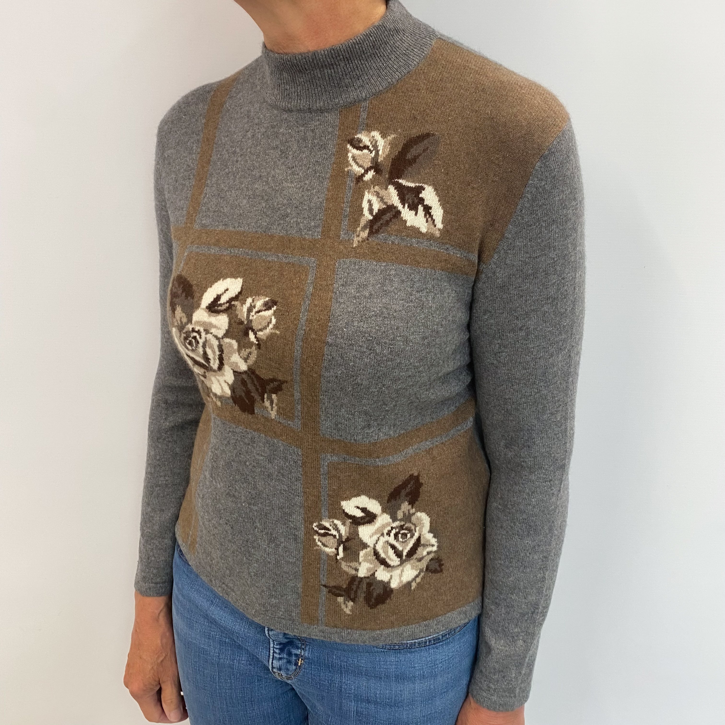 Slate Grey Patterned Cashmere Turtle Neck Jumper Medium