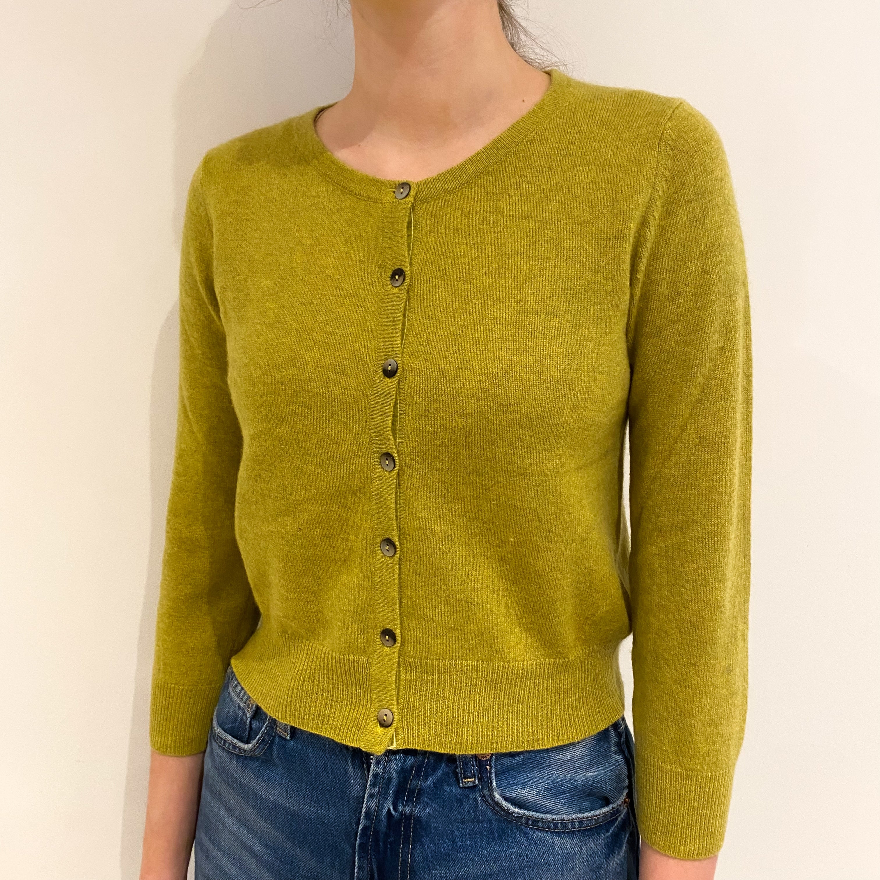 Lichen Green Cashmere Cropped Crew Neck Cardigan Extra Small