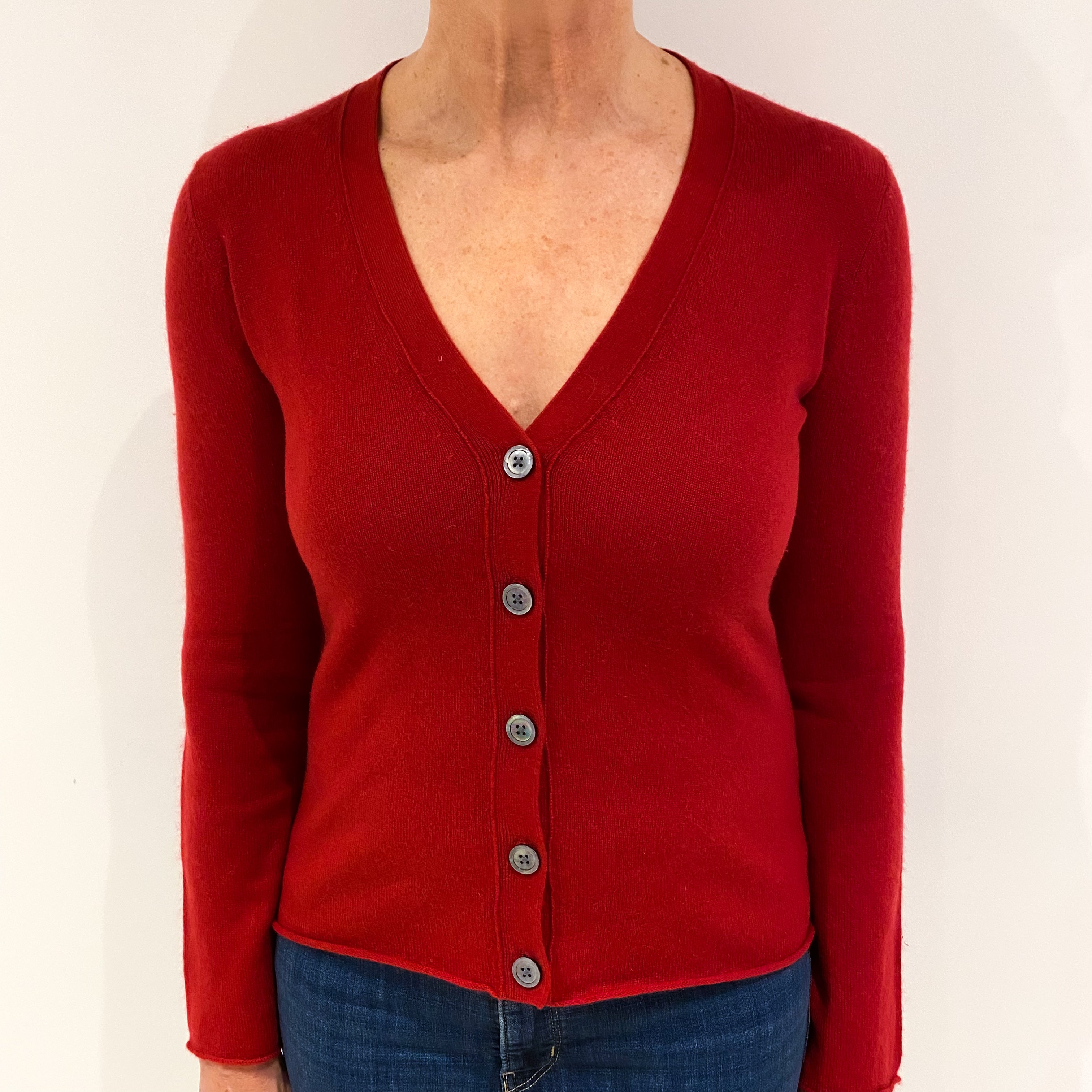 Crimson Red Cashmere Low V Neck Cardigan Medium