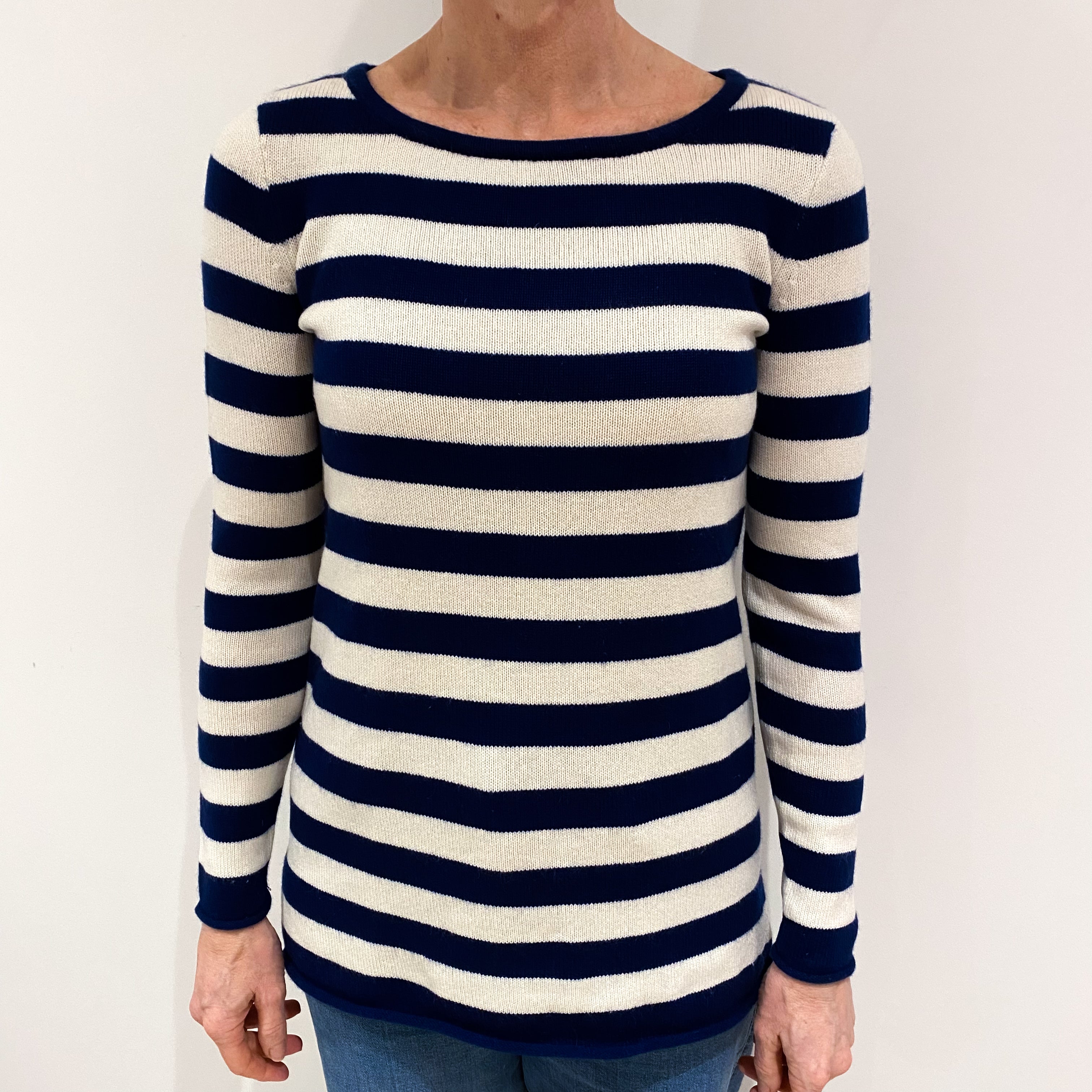 French Navy Winter White Striped Cashmere Slash Neck Jumper Small