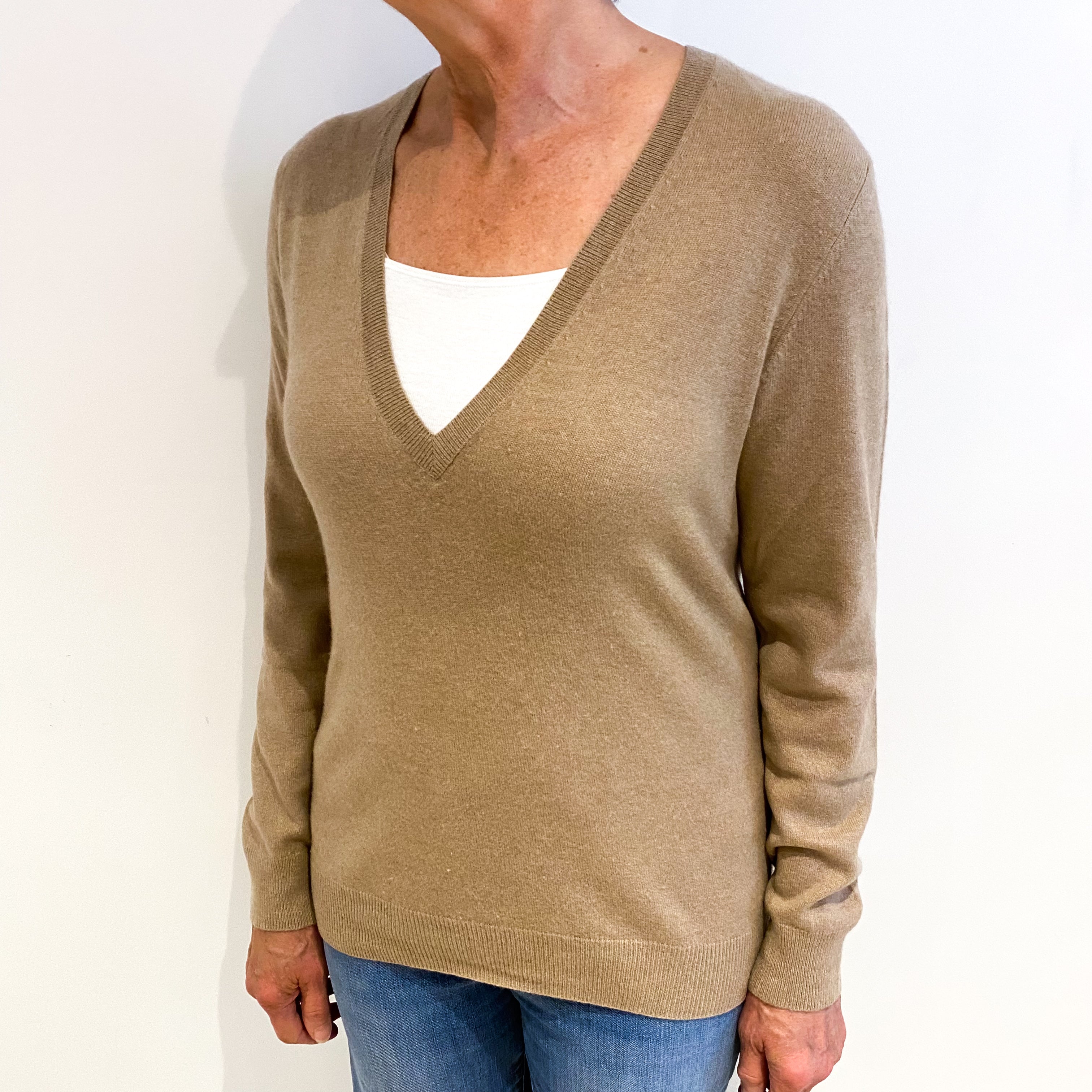 Toffee Brown Cashmere V Neck Jumper Medium