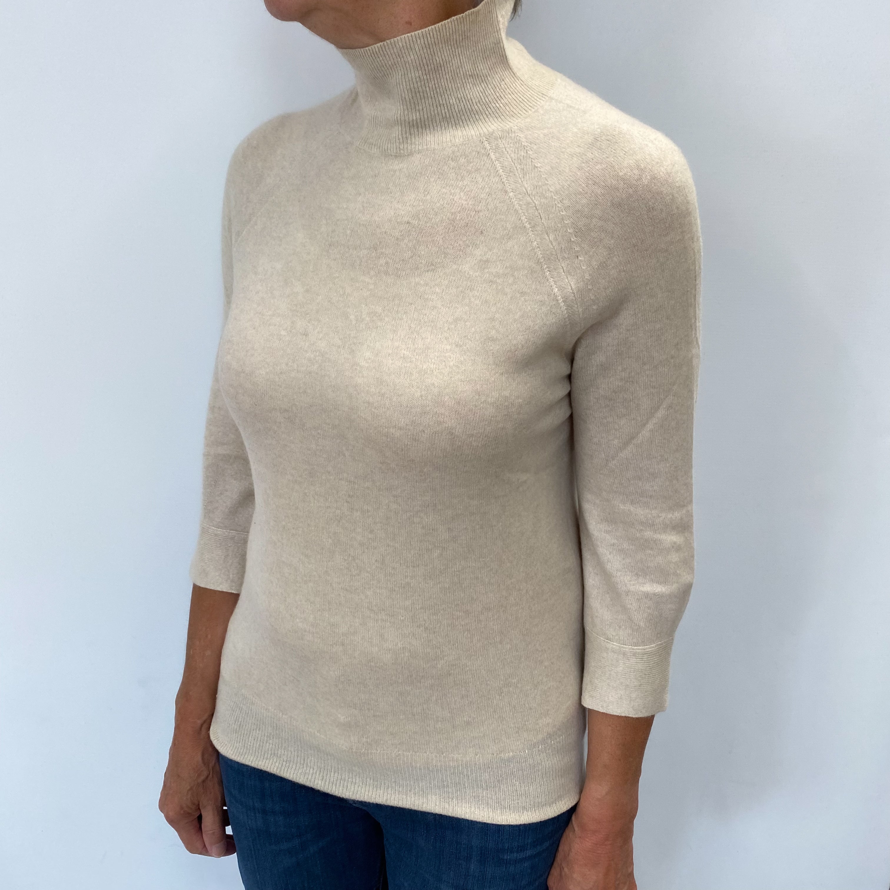 Oatmeal Beige Cashmere Turtle Neck Jumper Medium