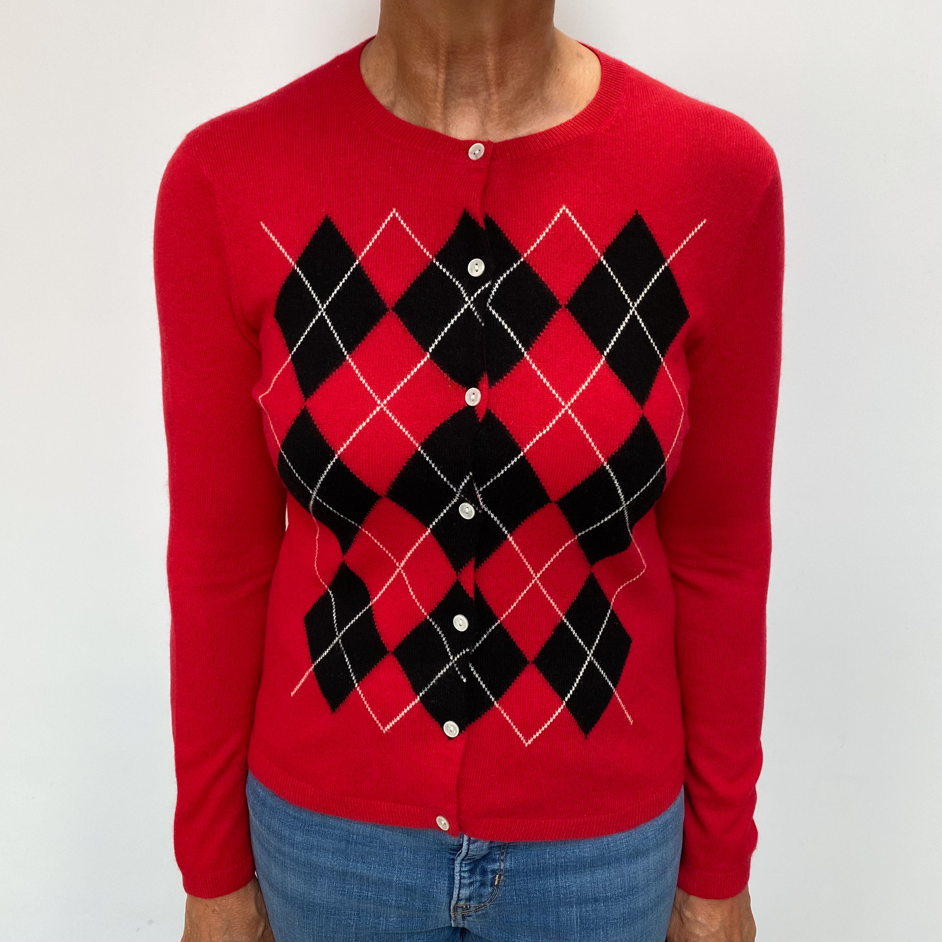 Scarlet Red Argyle Cashmere Crew Neck Cardigan Medium