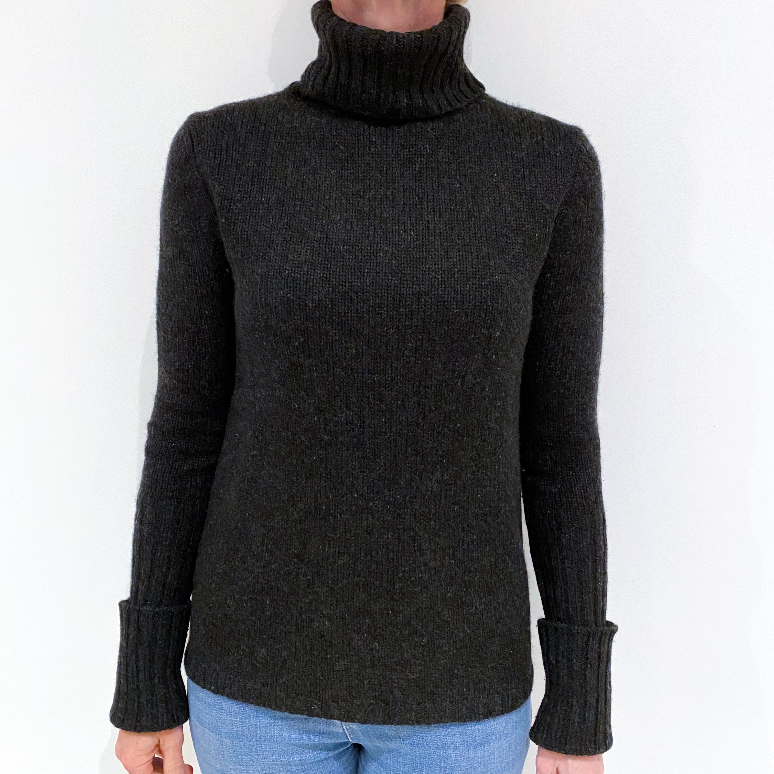 Charcoal Grey Chunky Cashmere Polo Neck Jumper Small