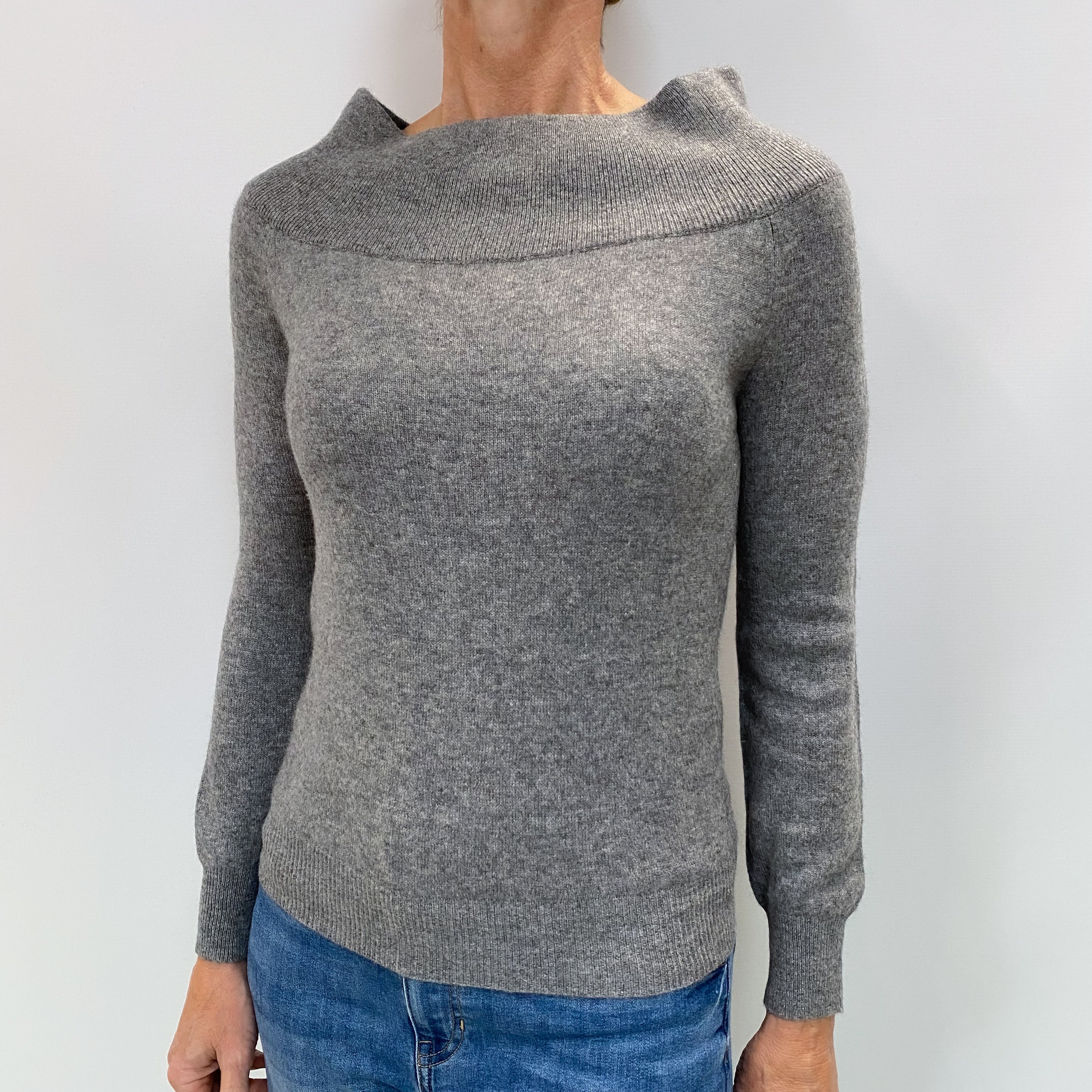 Ash Grey Cashmere Wide Boat Neck Jumper Small