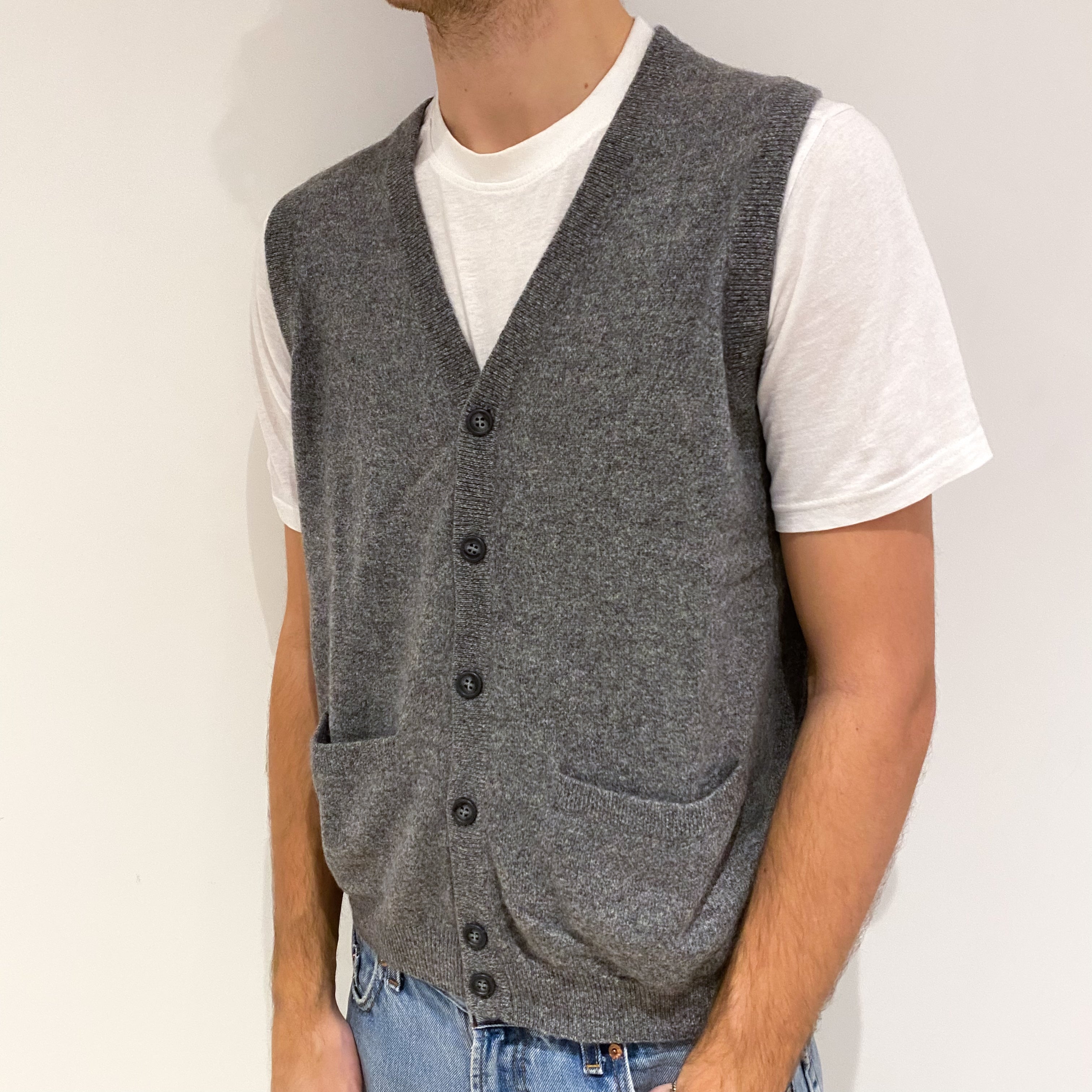 Men's Ash Grey Cashmere V Neck Gilet with Pockets Large