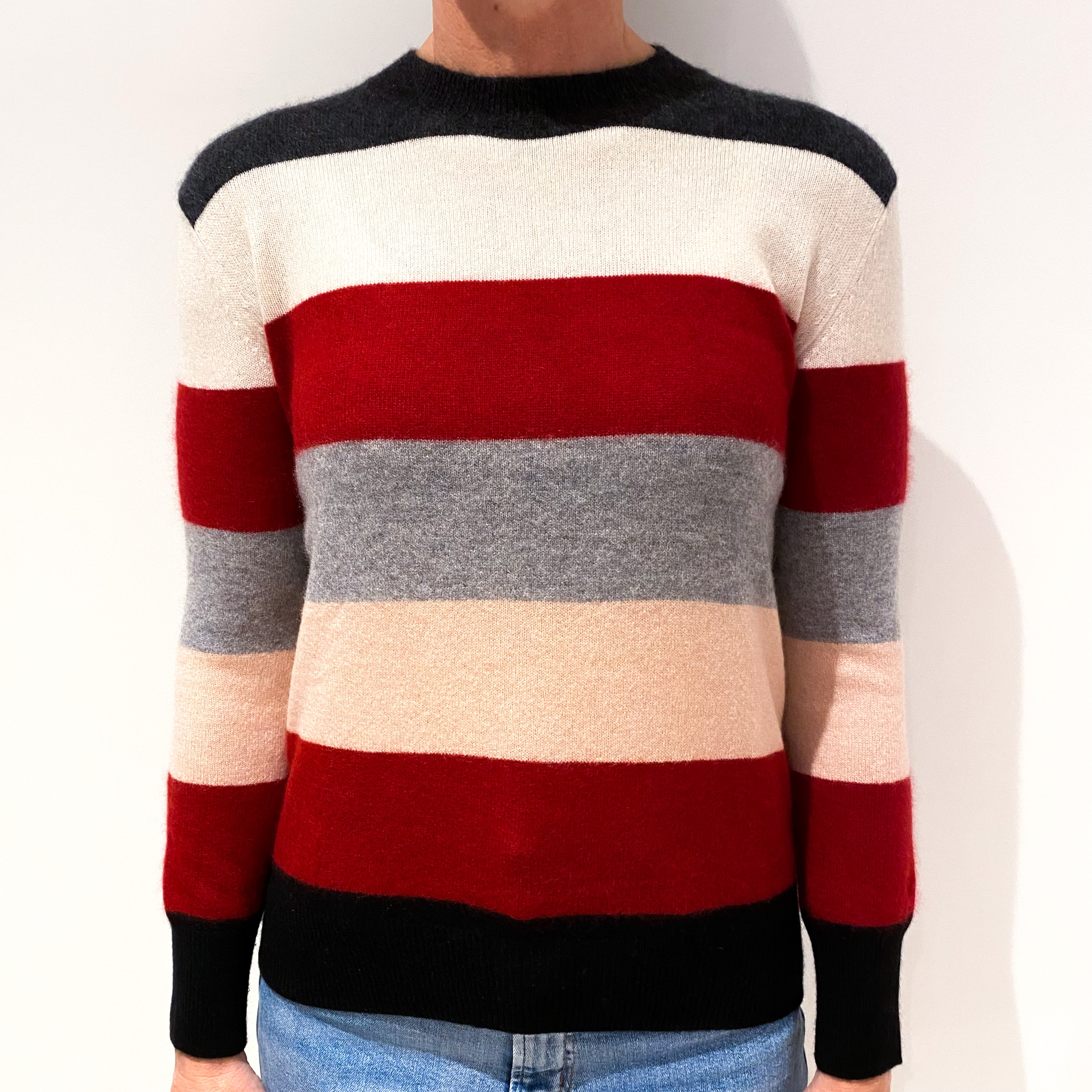 Red, Cream and Grey Stripes Cashmere Crew Neck Jumper Small