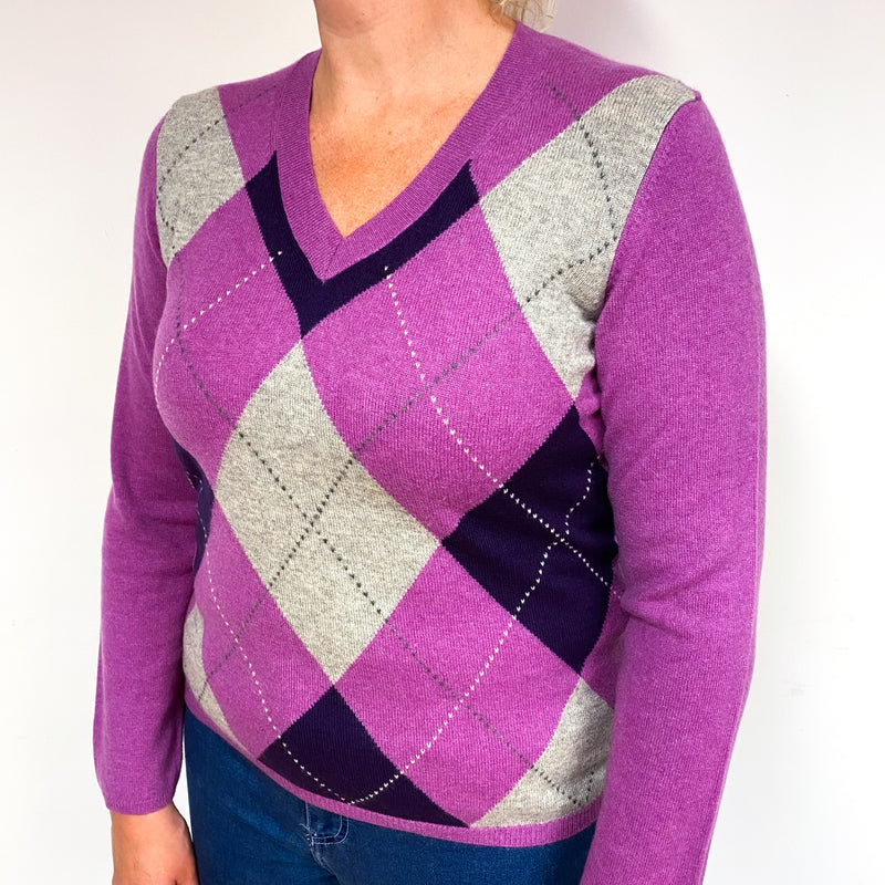 Heather Purple Diamond Cashmere V-Neck Jumper Large