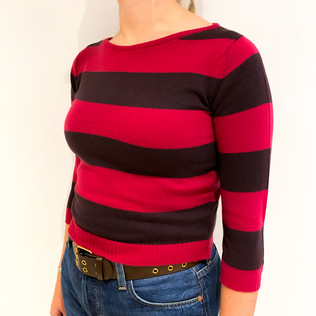 Deep Pink and Purple Stripe Cashmere Cropped Crew Neck Jumper Small