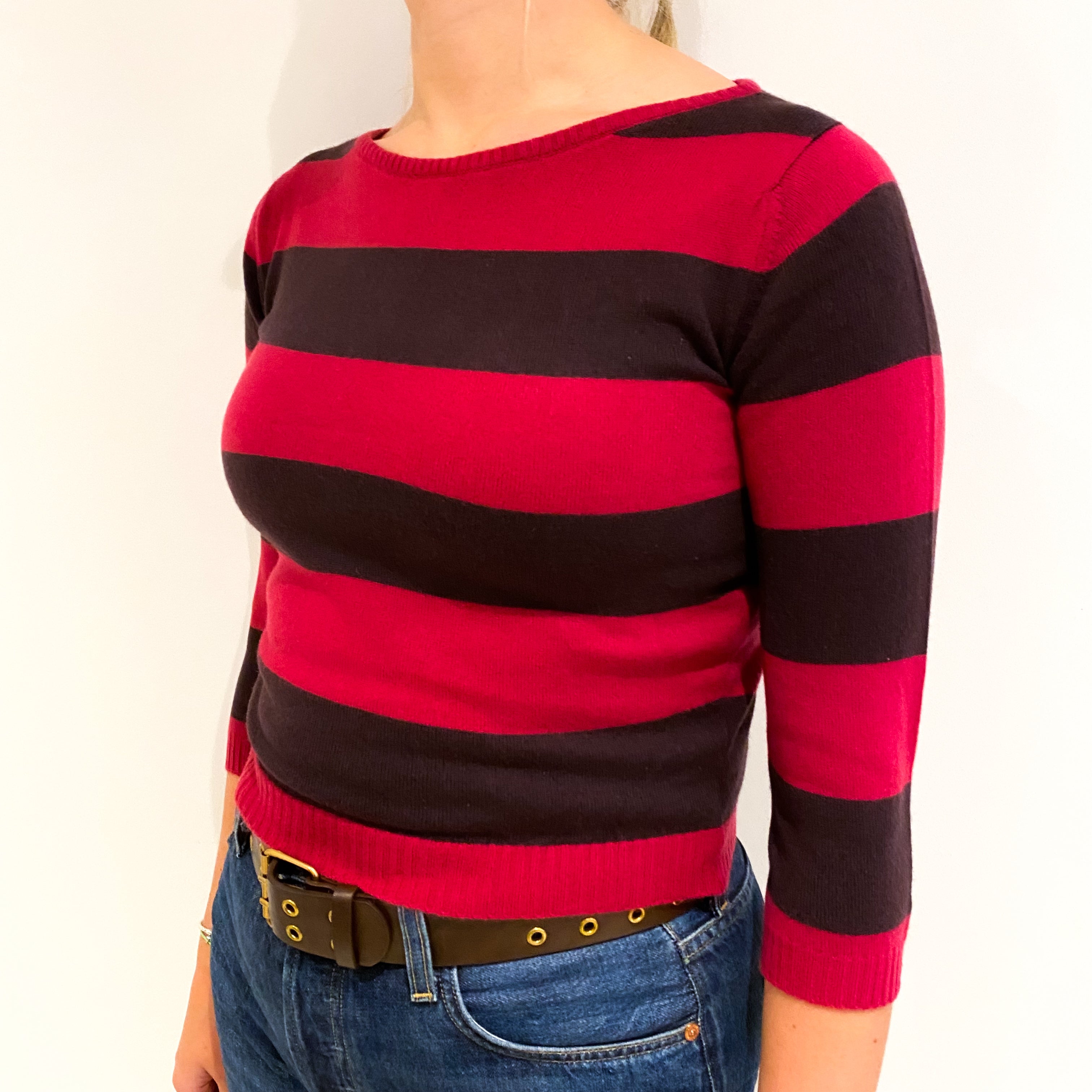 Deep Pink and Purple Stripe Cashmere Cropped Crew Neck Jumper Small