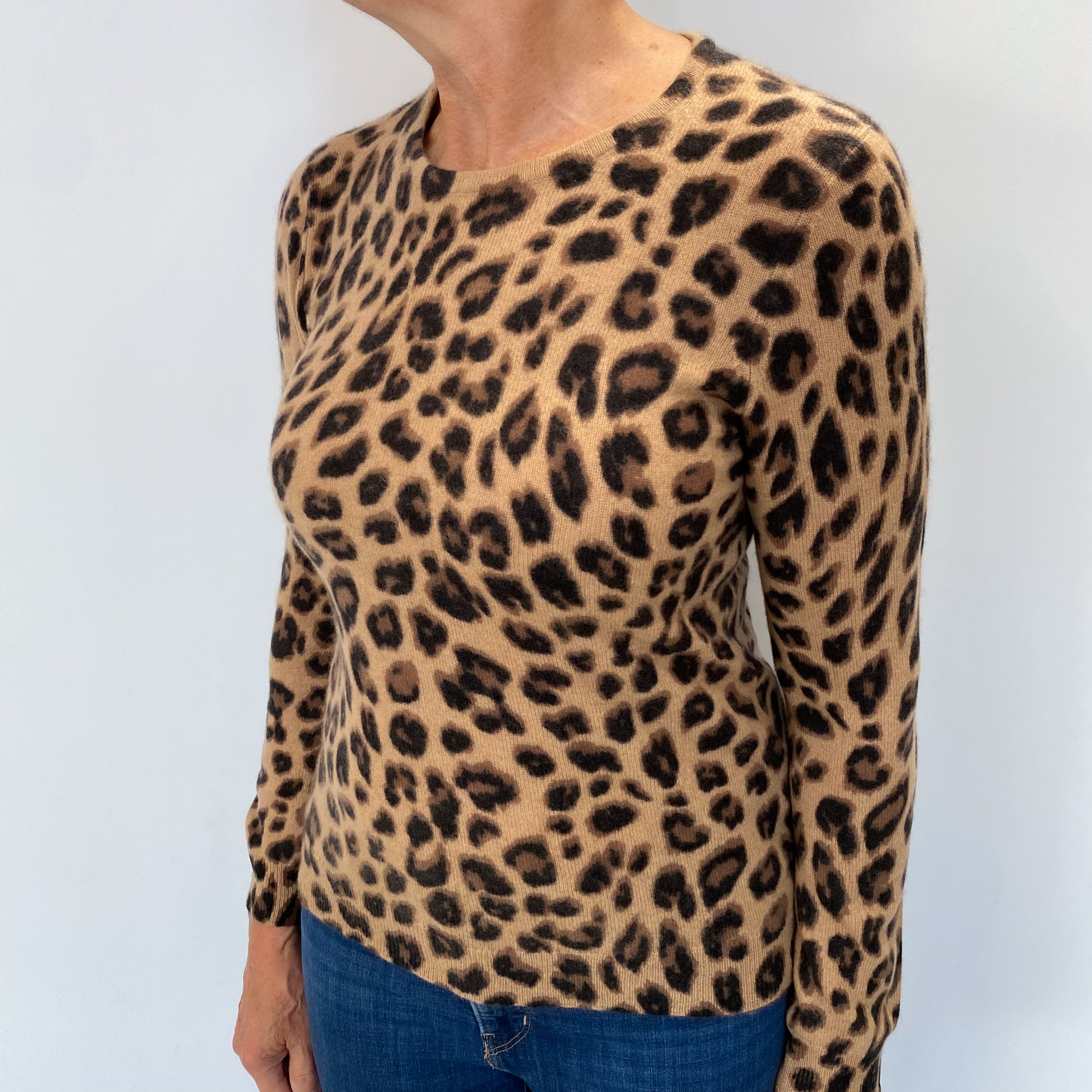 Caramel Brown Leopard Cashmere Crew Neck Jumper Medium