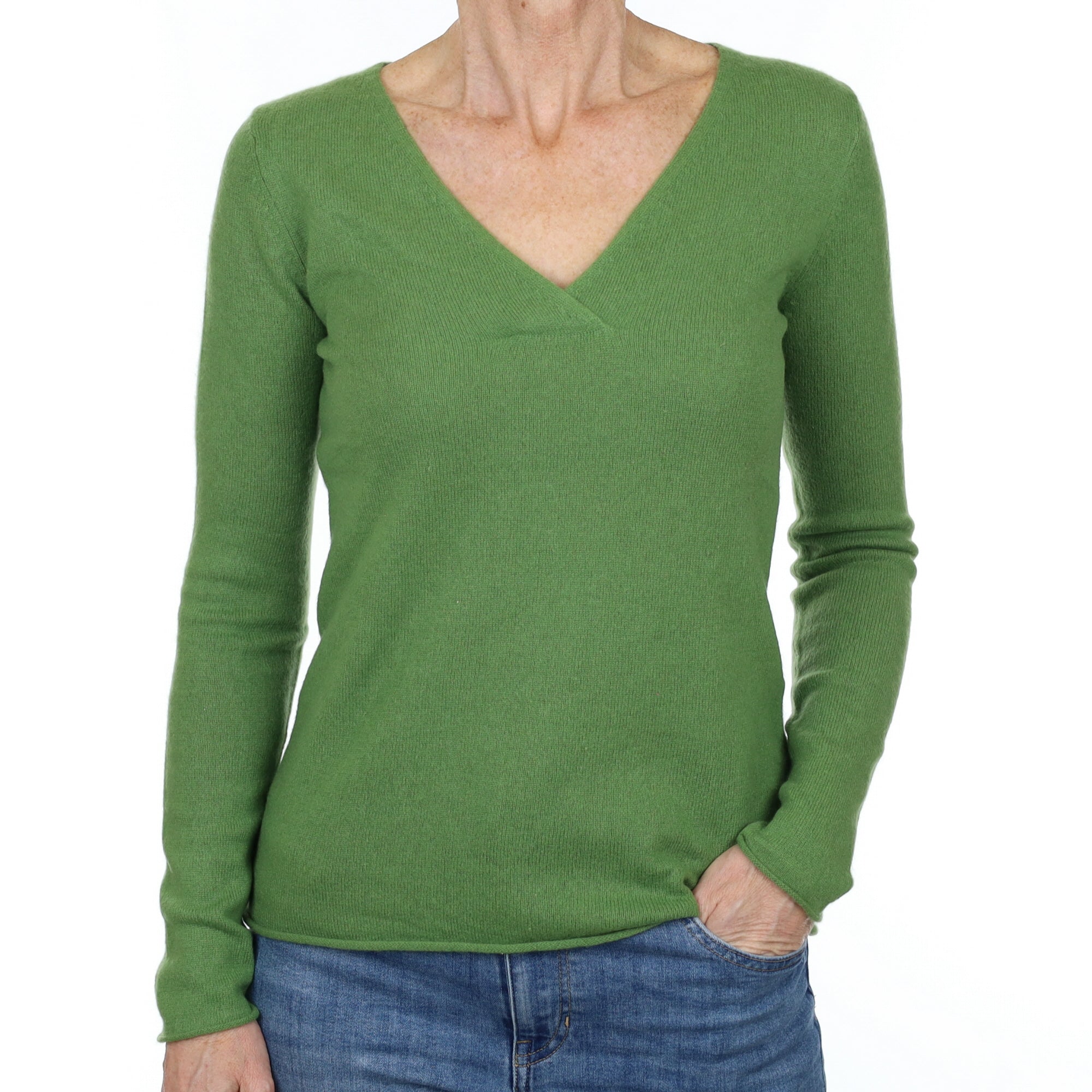 Fern Green Cashmere V Neck Jumper Small