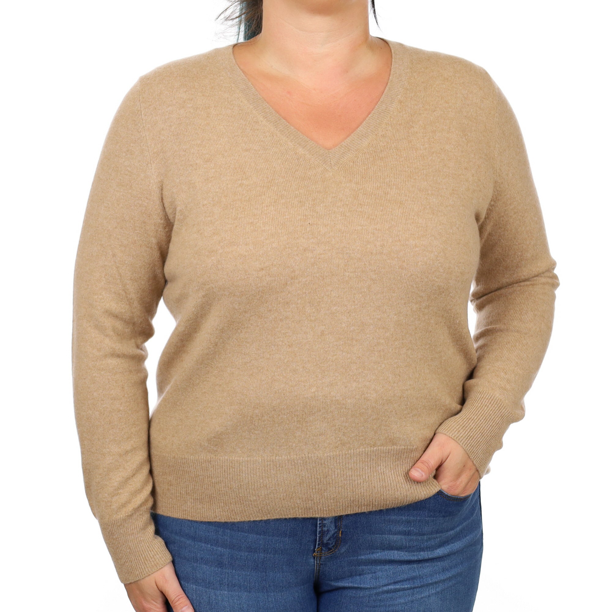 Caramel Brown Cashmere V Neck Jumper Large