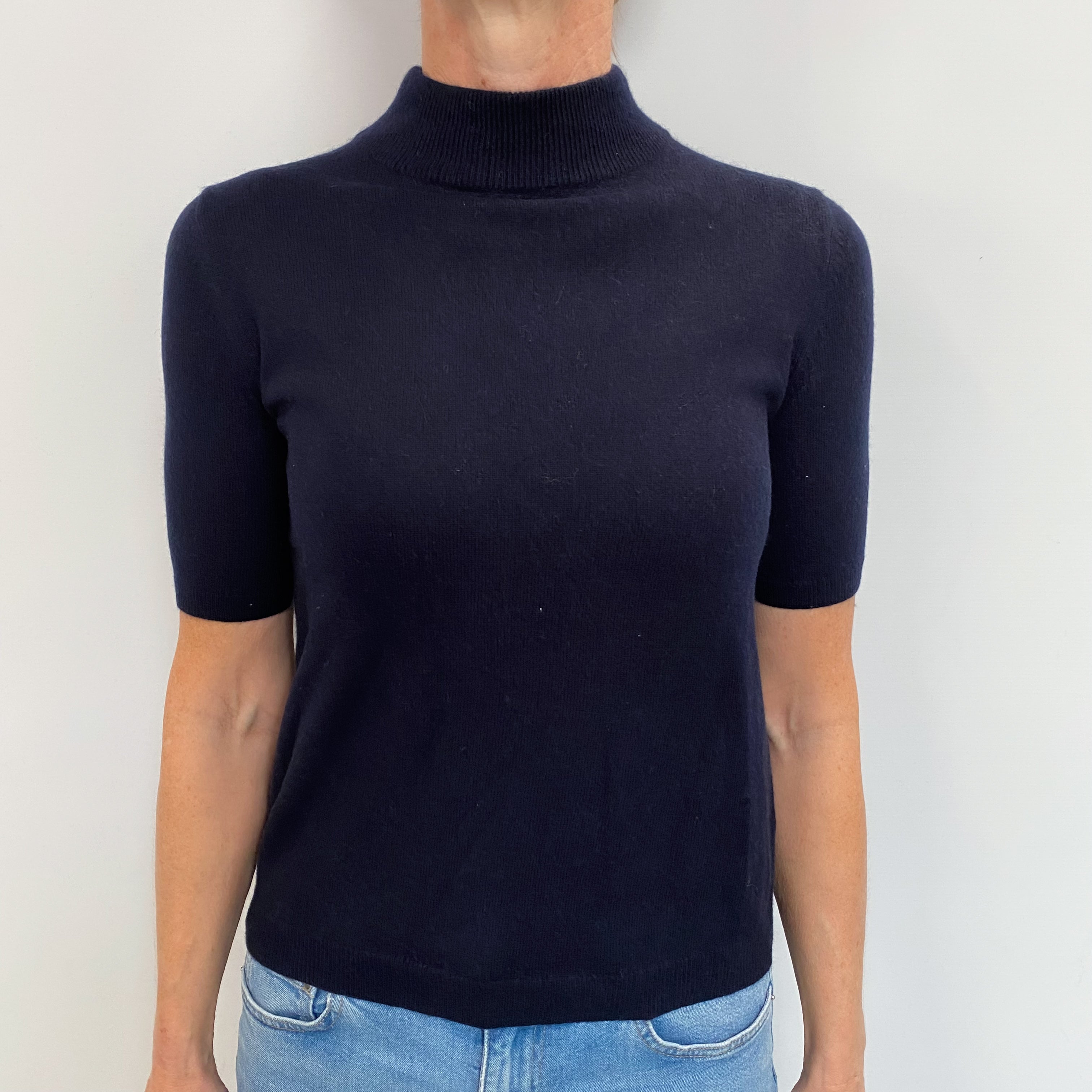 Dark Navy Cashmere Turtle Neck Short Sleeved Jumper Small