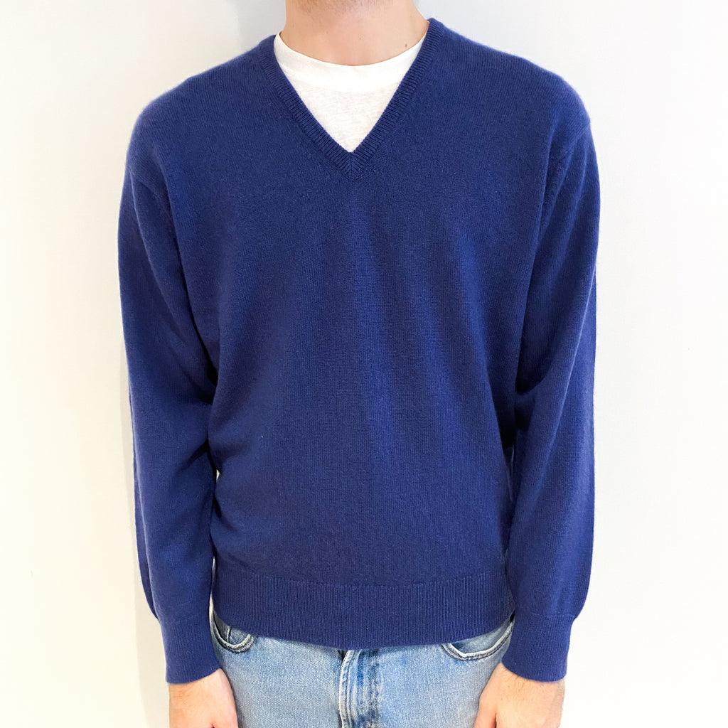 Men's Airforce Blue Cashmere V Neck Jumper Large
