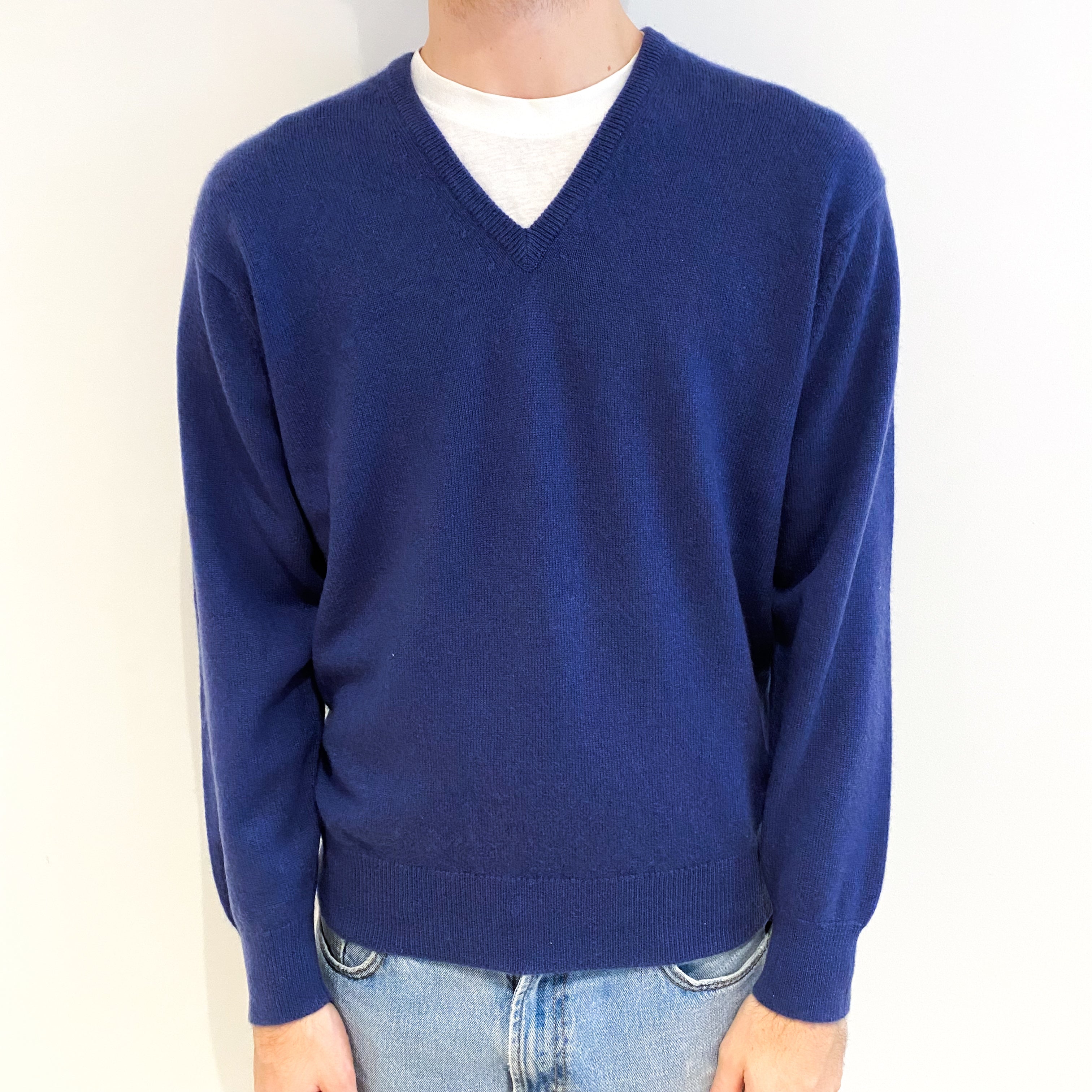 Men's Airforce Blue Cashmere V Neck Jumper Large