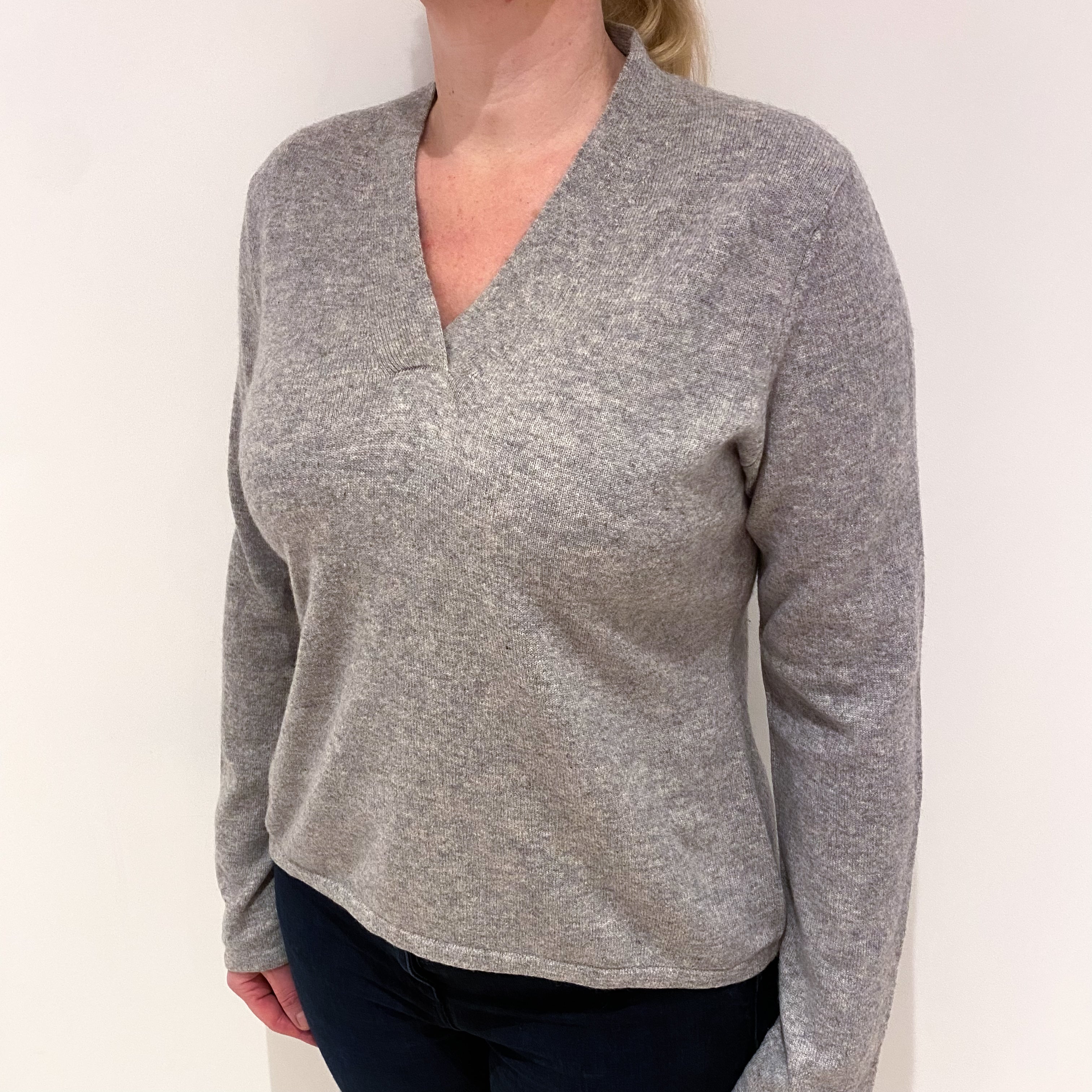 Ash Grey Cashmere V-Neck Jumper Large