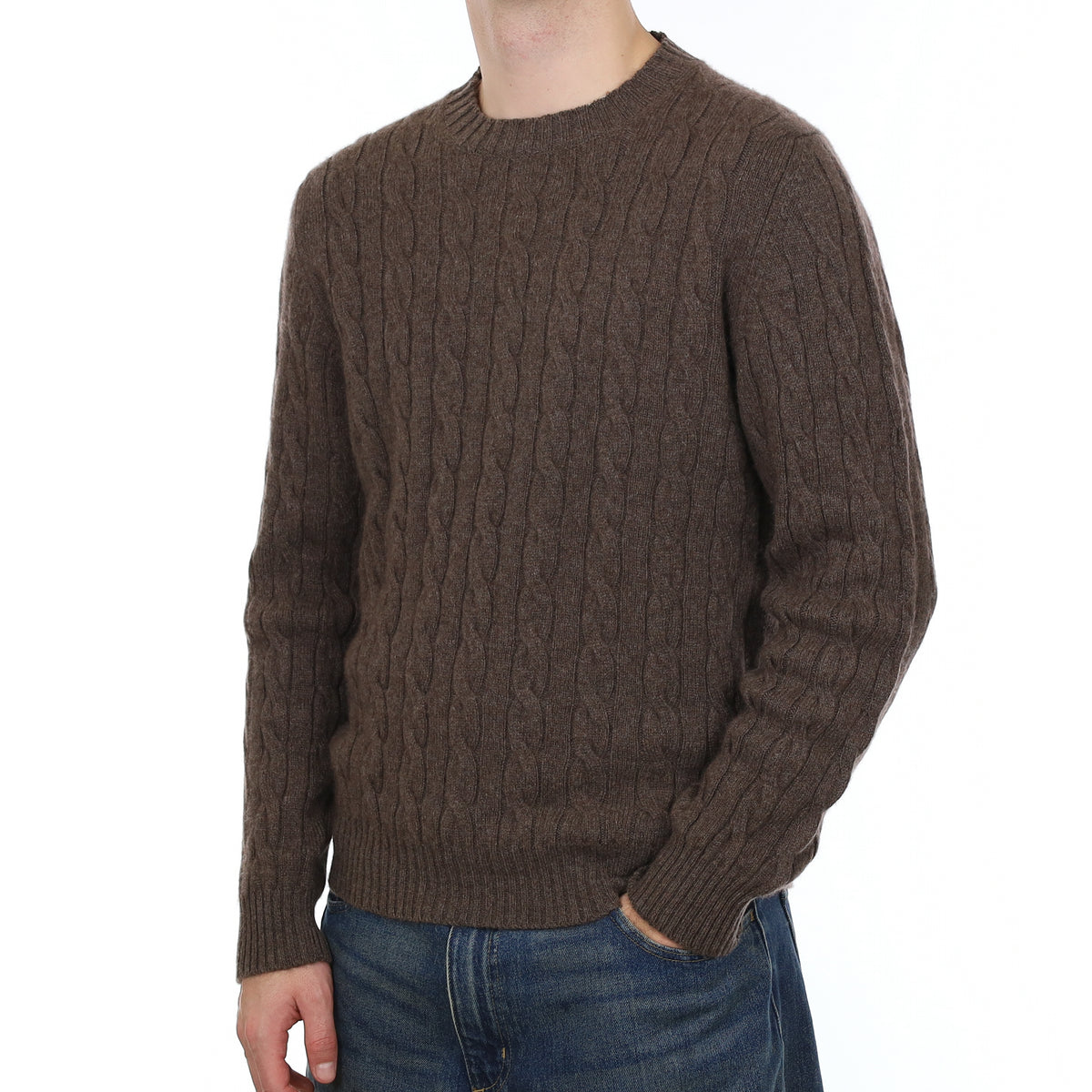Men’s Brand New Scottish Mole Brown Chunky Cable Cashmere Crew Neck Jumper Medium