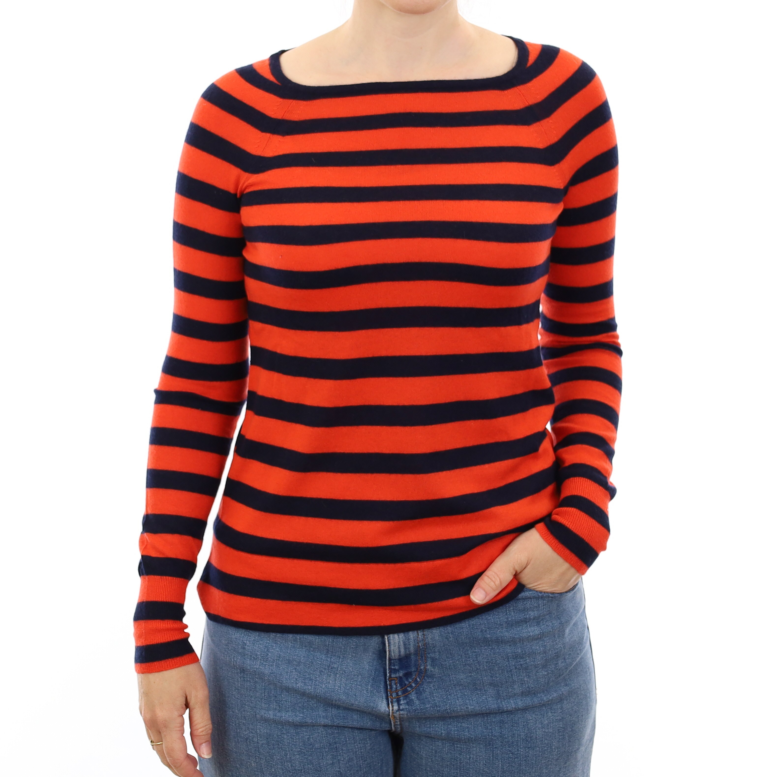 Orange and Navy Stripe Cashmere Boat Neck Jumper Small