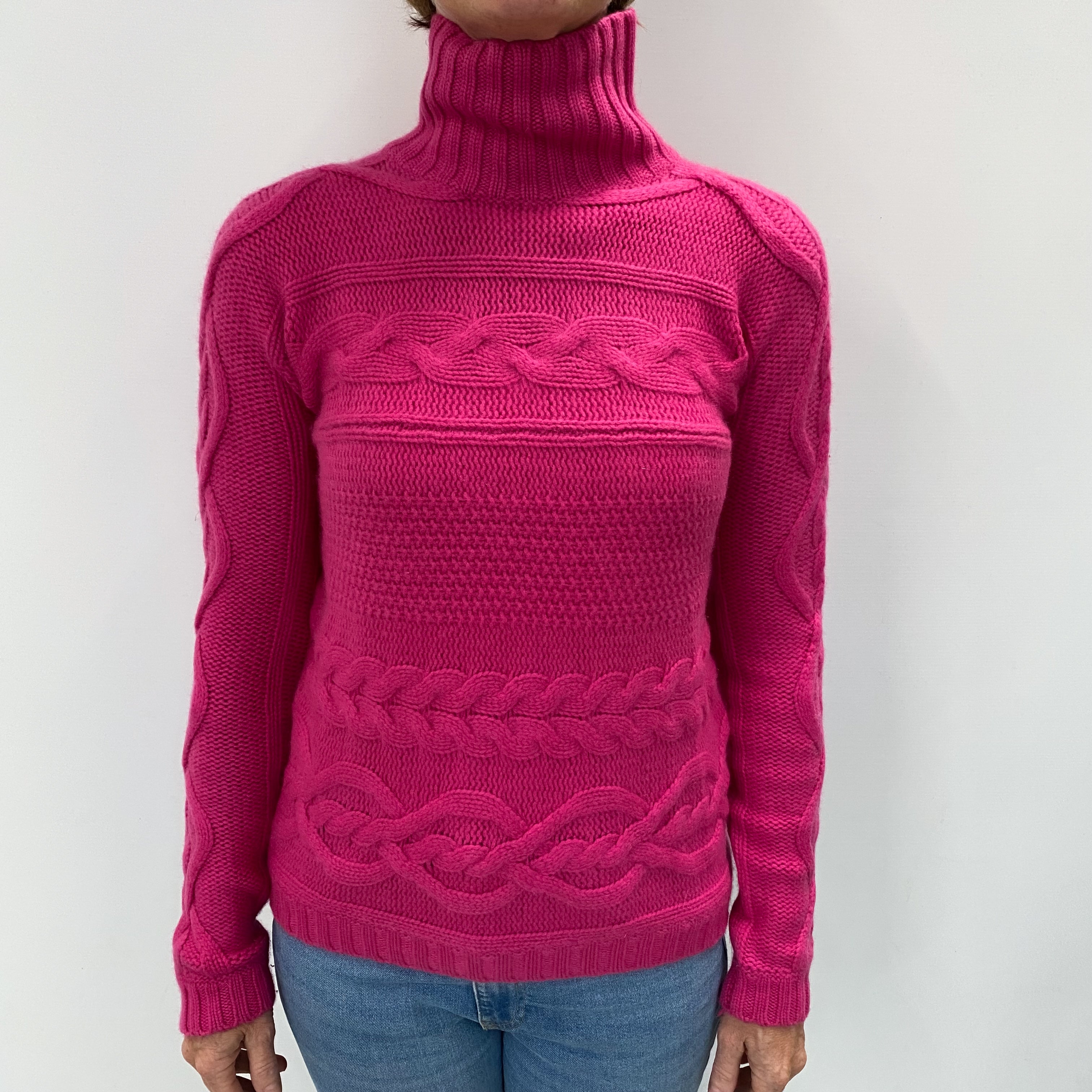 Hot Pink Cashmere Chunky Polo Neck Jumper Small