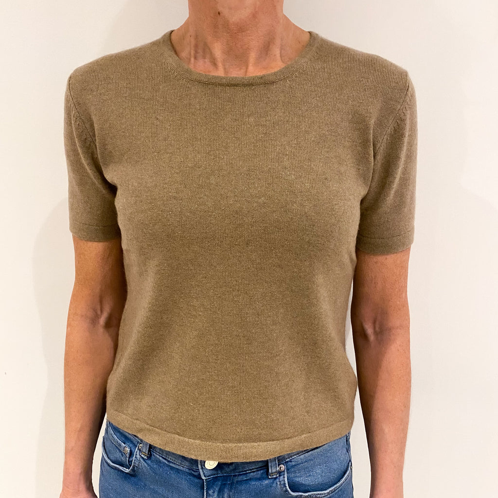 Fudge Brown Cashmere Short Sleeved Crew Neck Jumper Small