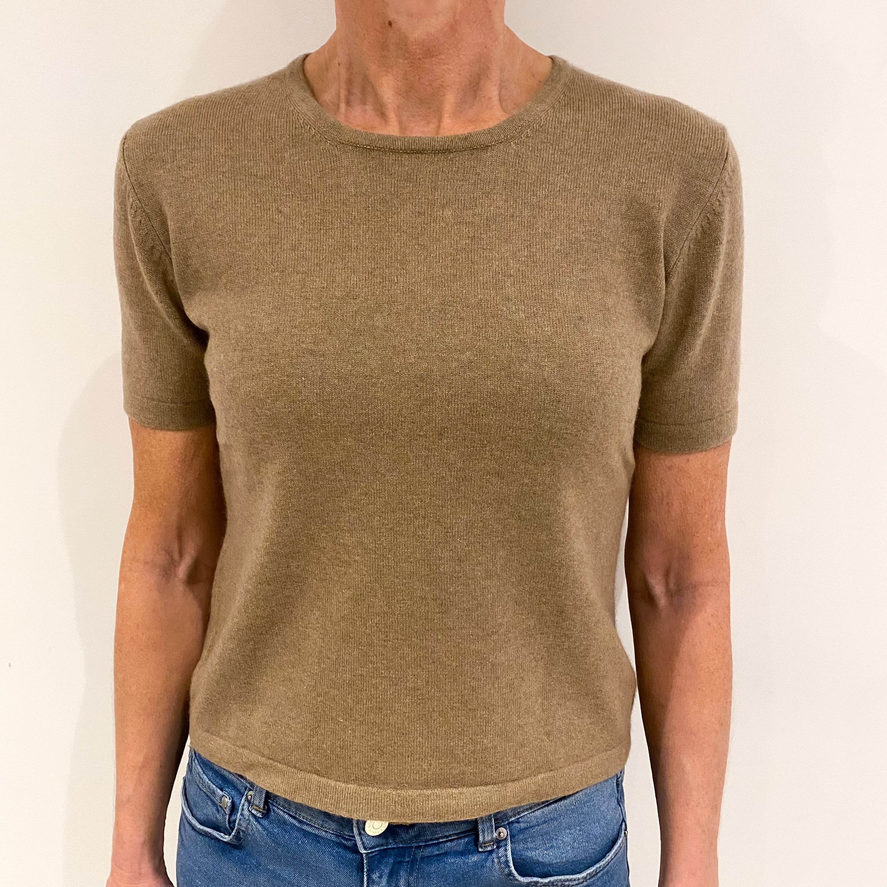 Fudge Brown Cashmere Short Sleeved Crew Neck Jumper Small