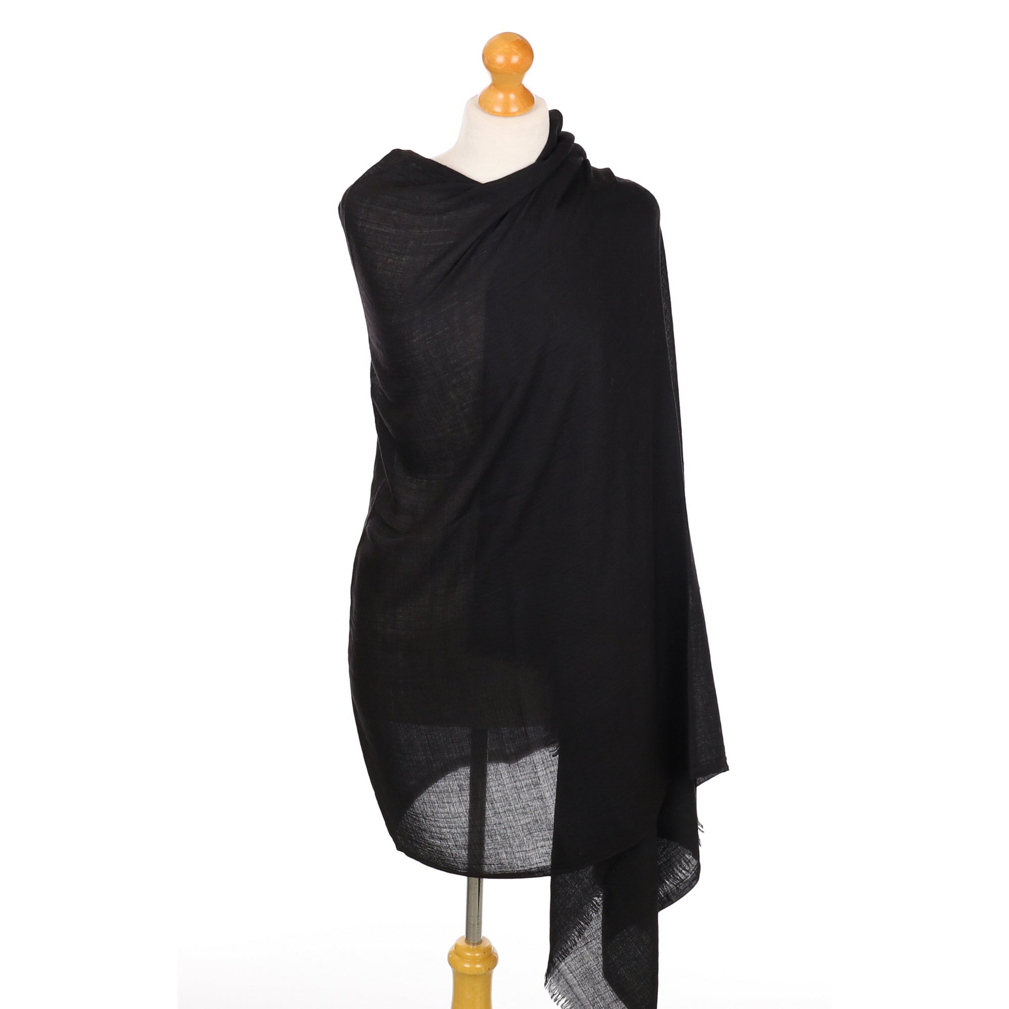 Black Lightweight Fringed Cashmere Woven Wrap