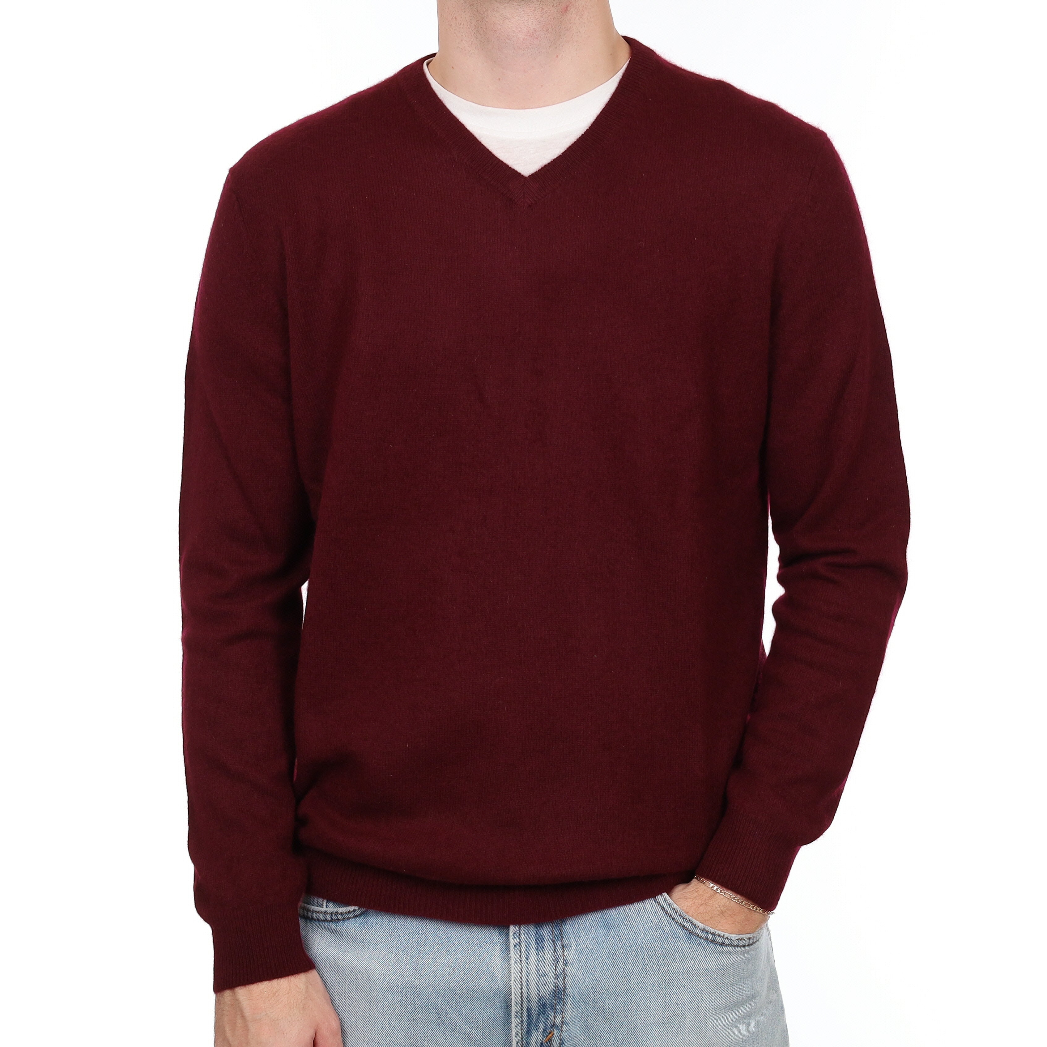 Men's Mulberry Purple Cashmere V Neck Jumper Large