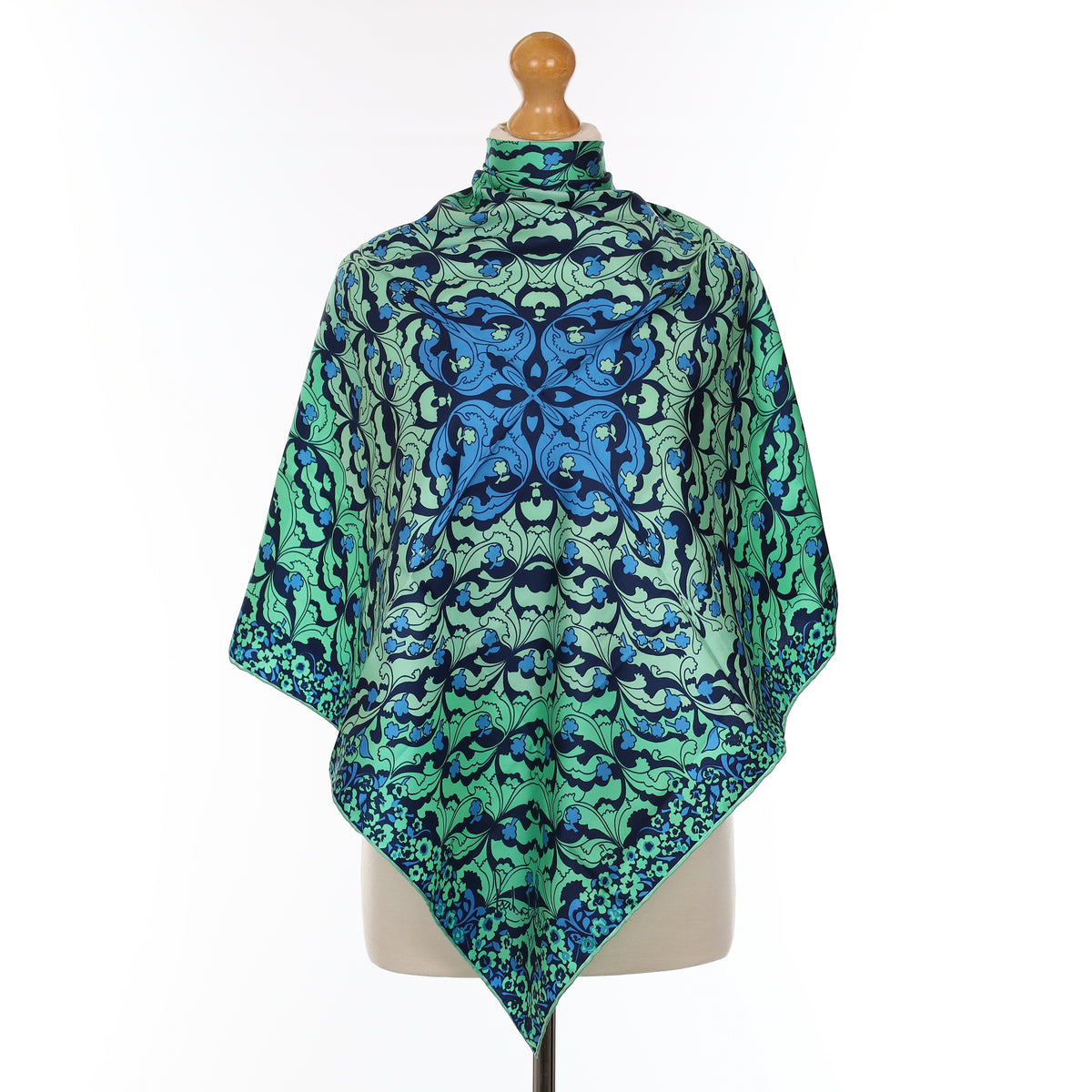 1970’s Richard Allan Blue And Green Floral Vintage Silk Scarf
