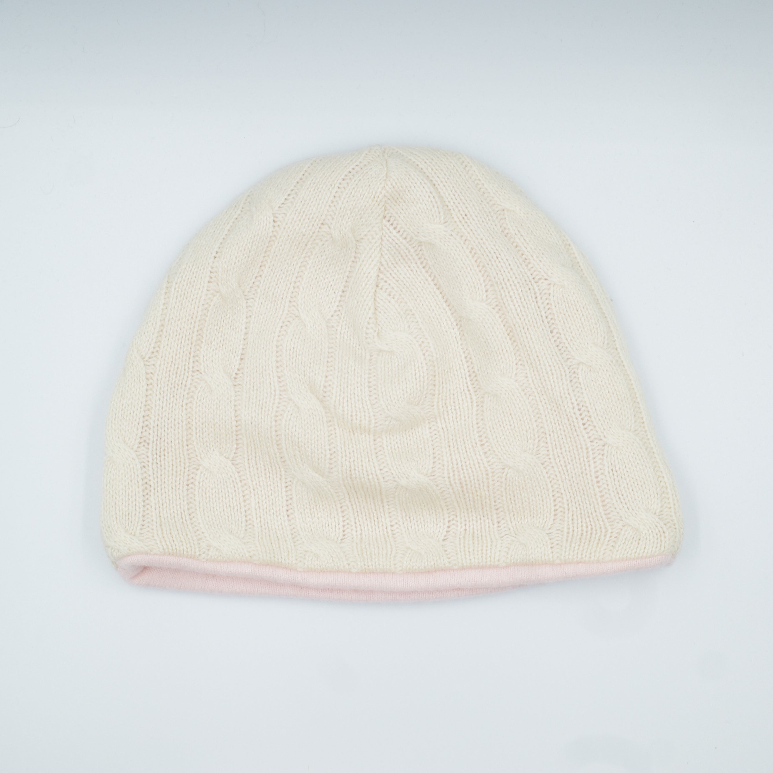 Shell Pink and Cream Cable Cashmere Beanie Hat