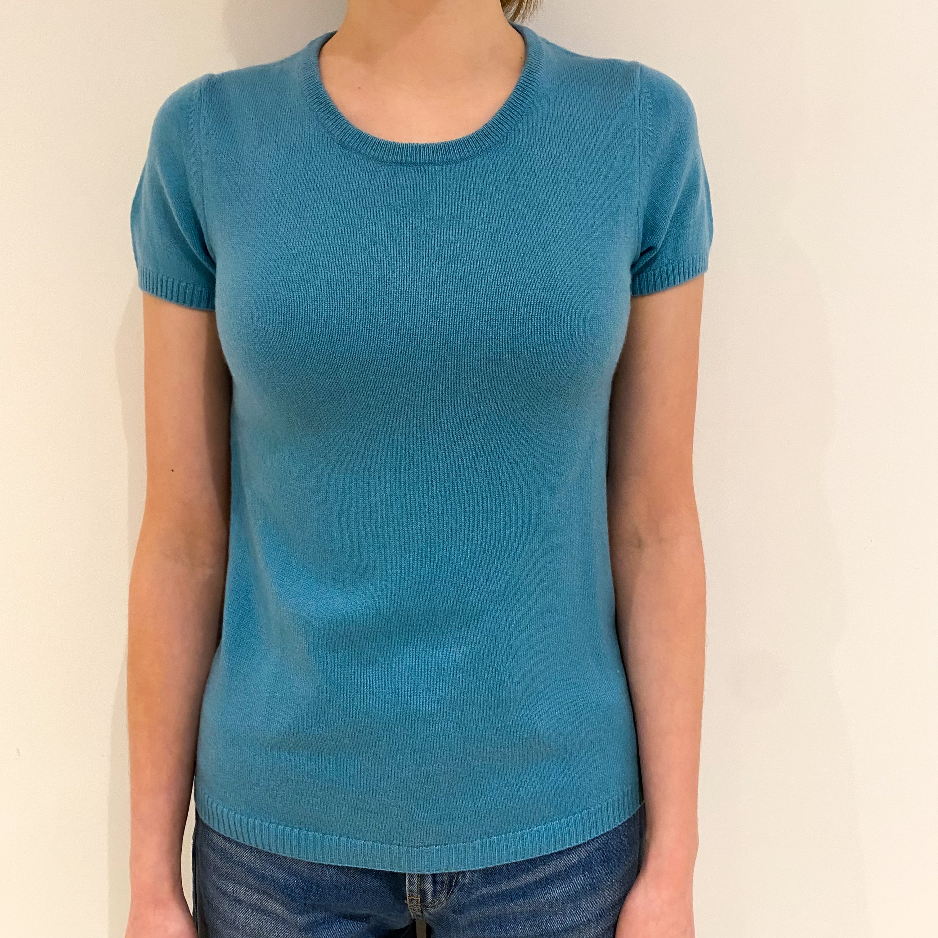 Aqua Blue Cashmere Short Sleeve Crew Neck Jumper Extra Small