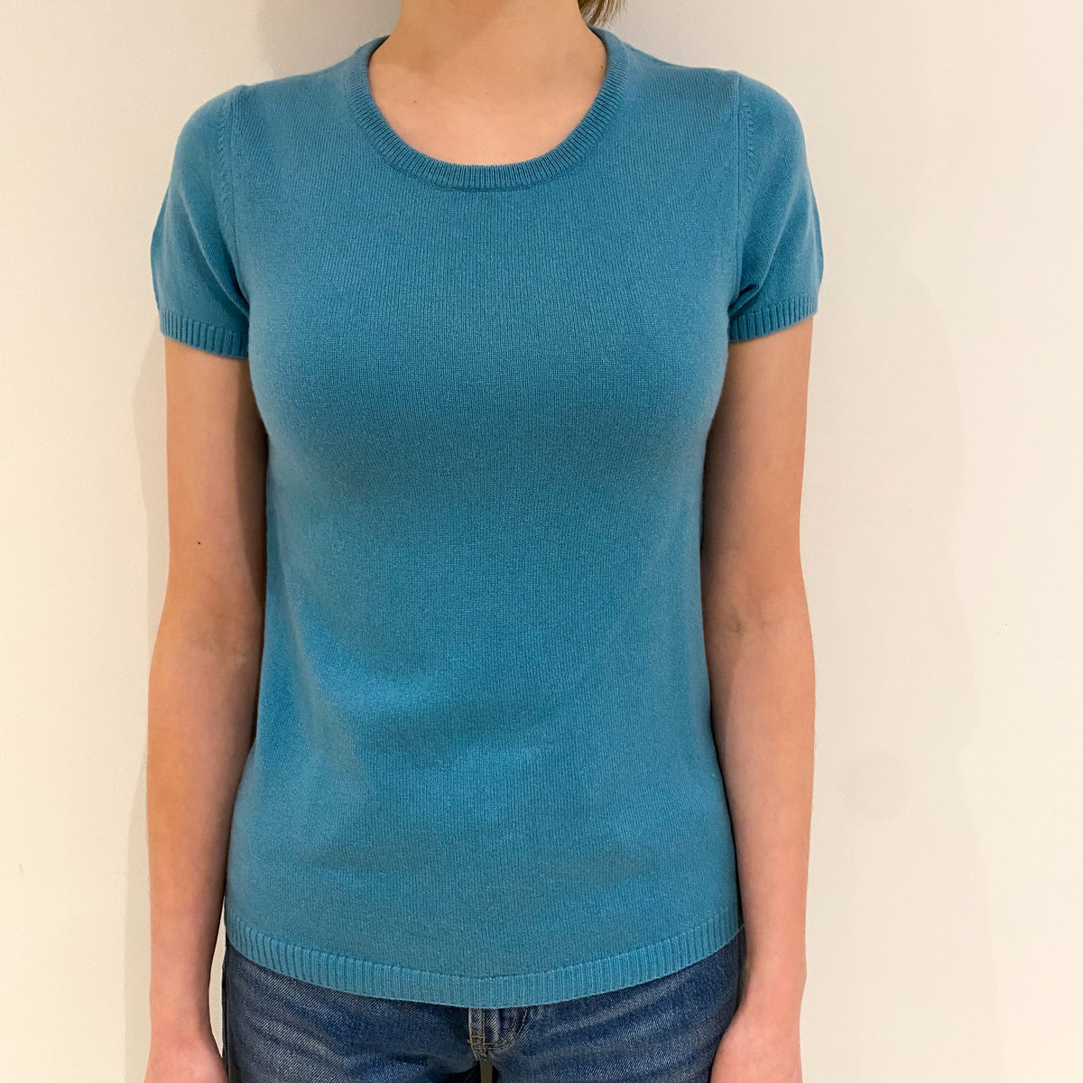 Aqua Blue Cashmere Short Sleeve Crew Neck Jumper Extra Small