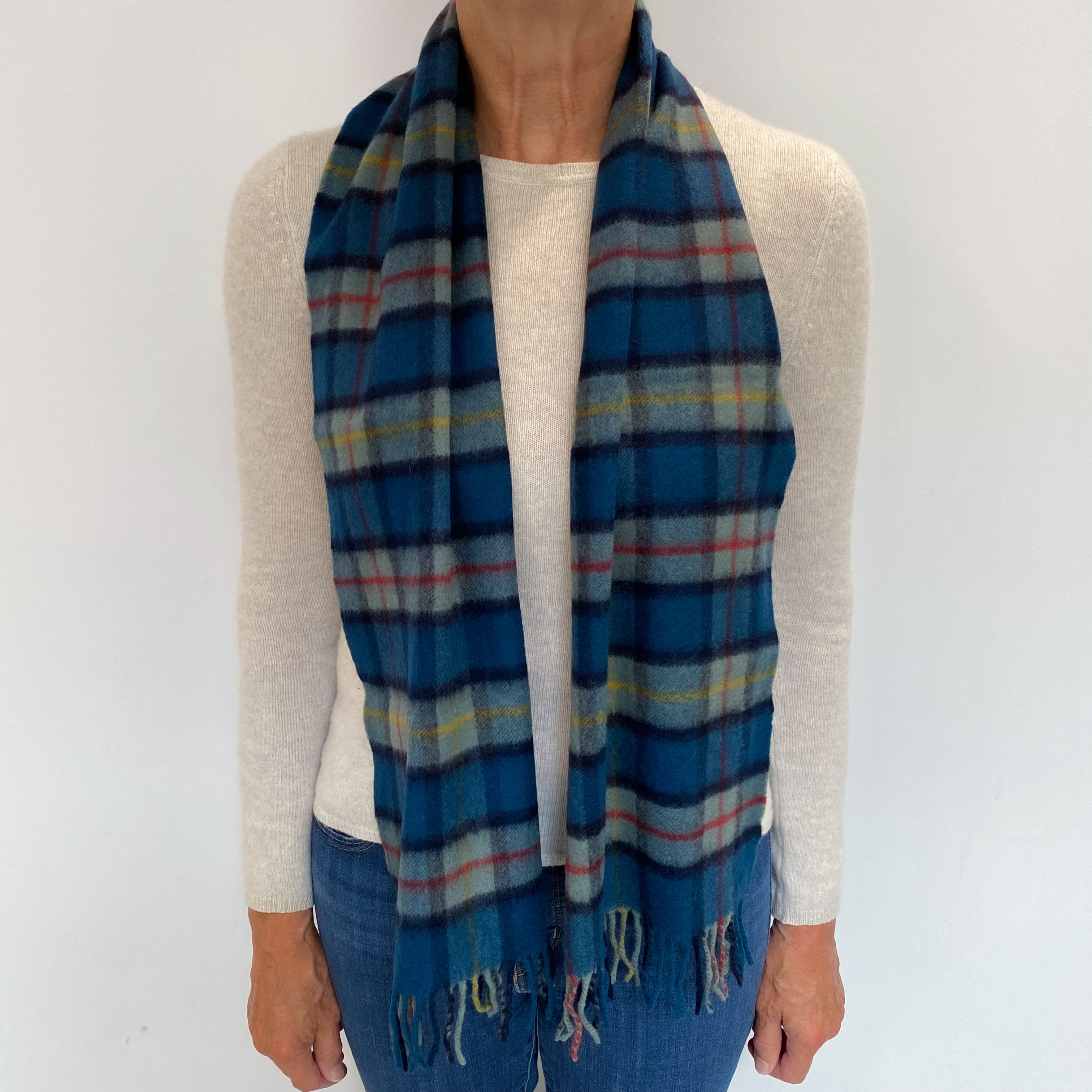 Blue and Red Checked Cashmere Woven Fringed Scarf