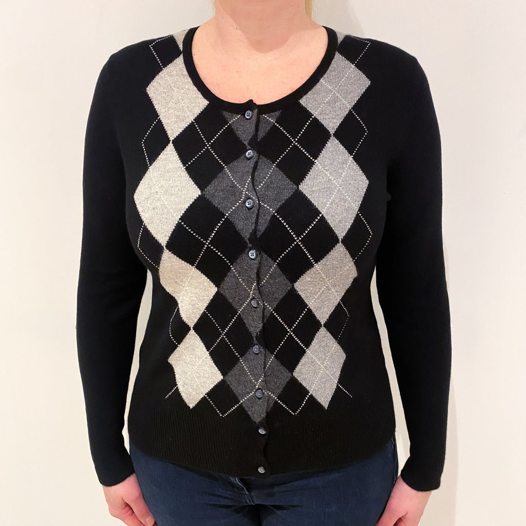 Black Grey Argyle Cashmere Crew Neck Cardigan Large
