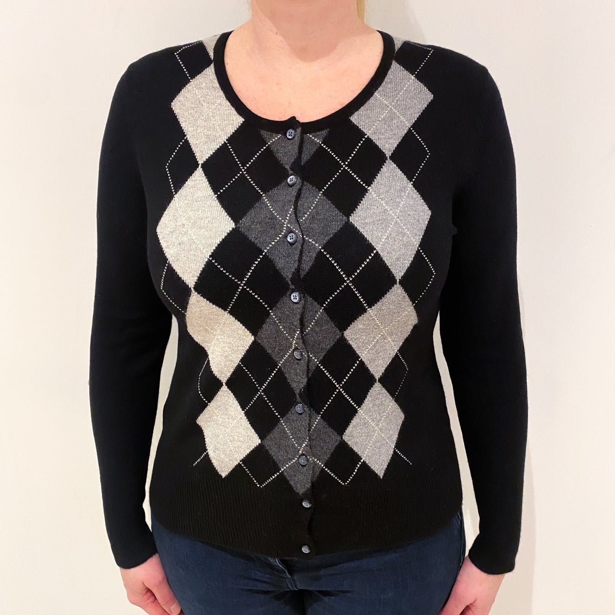 Black Grey Argyle Cashmere Crew Neck Cardigan Large