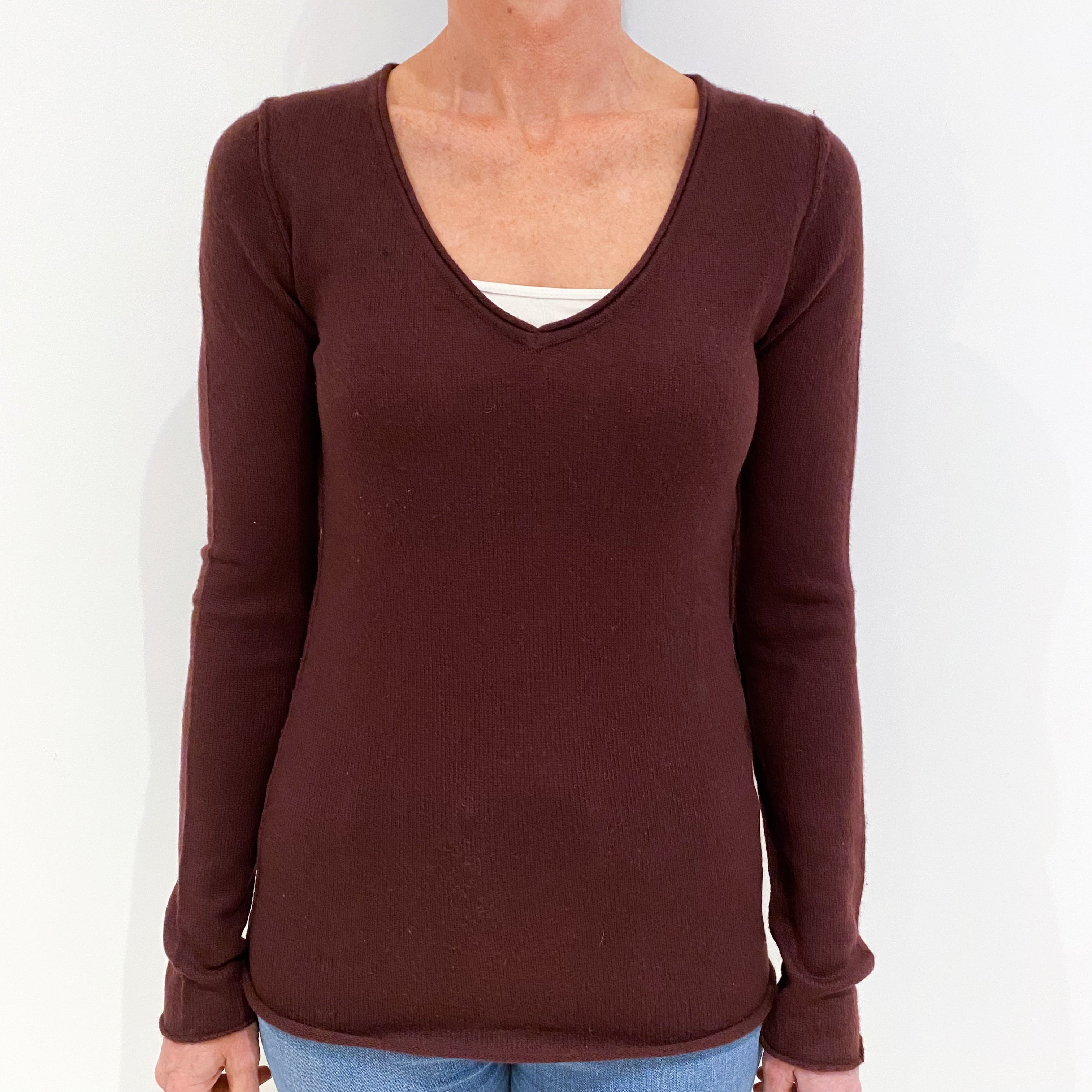 Aubergine Red Cashmere V-Neck Jumper Small