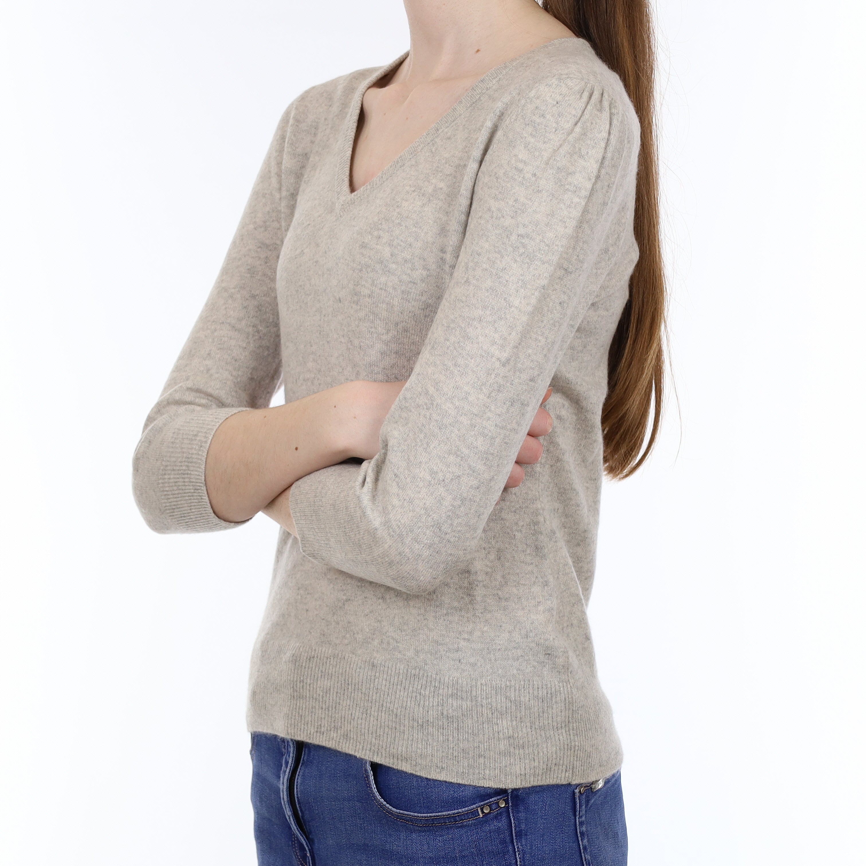 Mist Grey Cashmere 3/4 Sleeve V Neck Jumper Extra Small