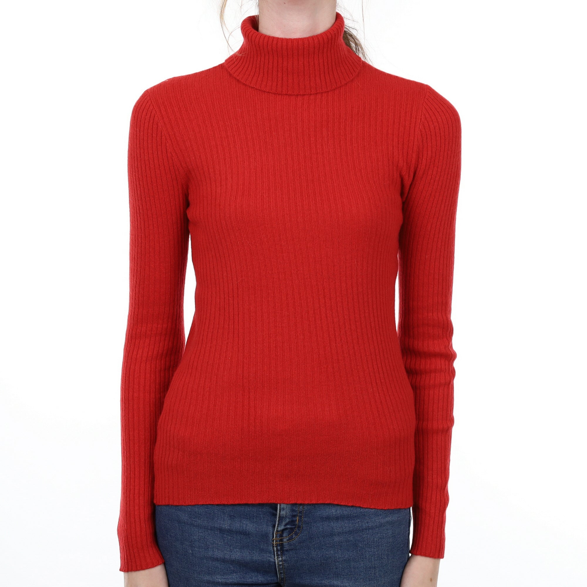 Scarlet Red Cashmere Polo Neck Rib Knit Jumper Extra Small