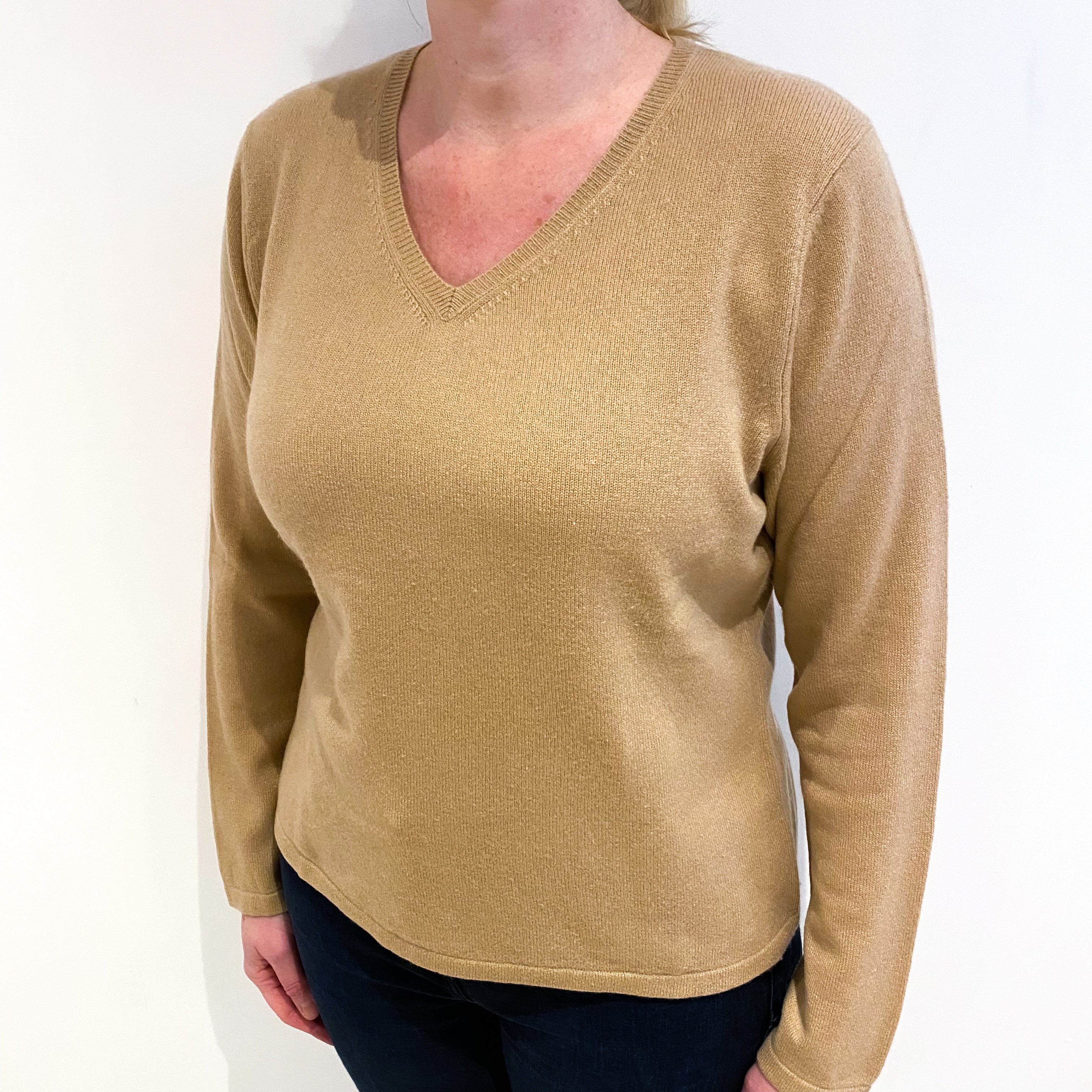 Caramel Brown Cashmere V Neck Jumper Large