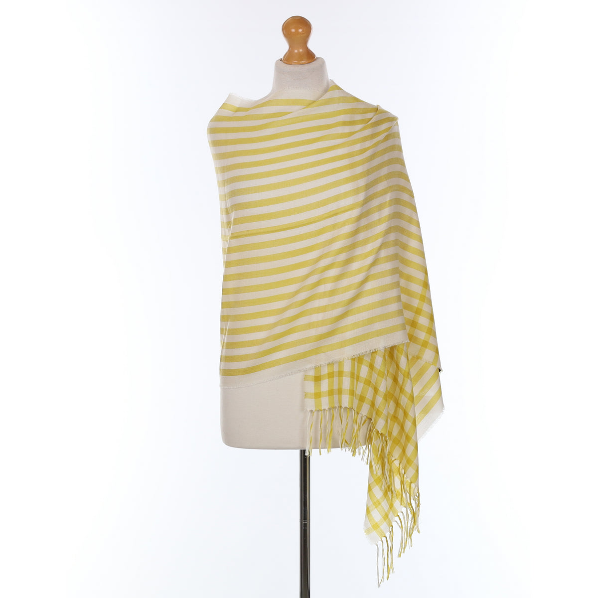 Brand New Begg & Co Yellow Gingham and Stripe Cashmere Blend Woven Wrap