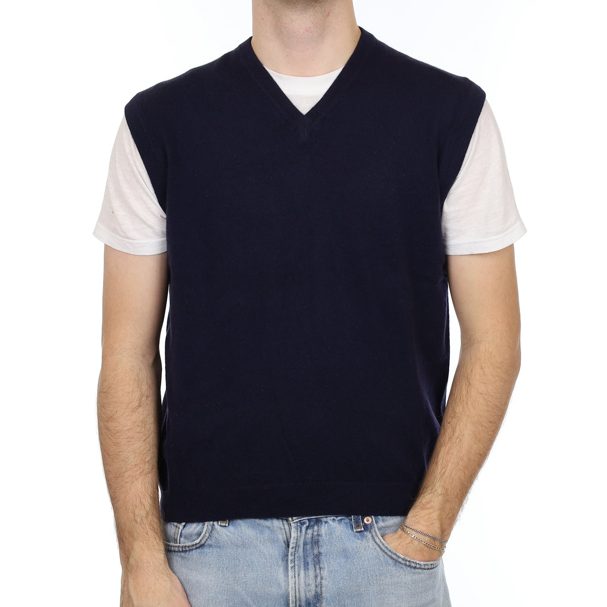 Men's Italian Navy Cashmere V Neck Tank Top Medium
