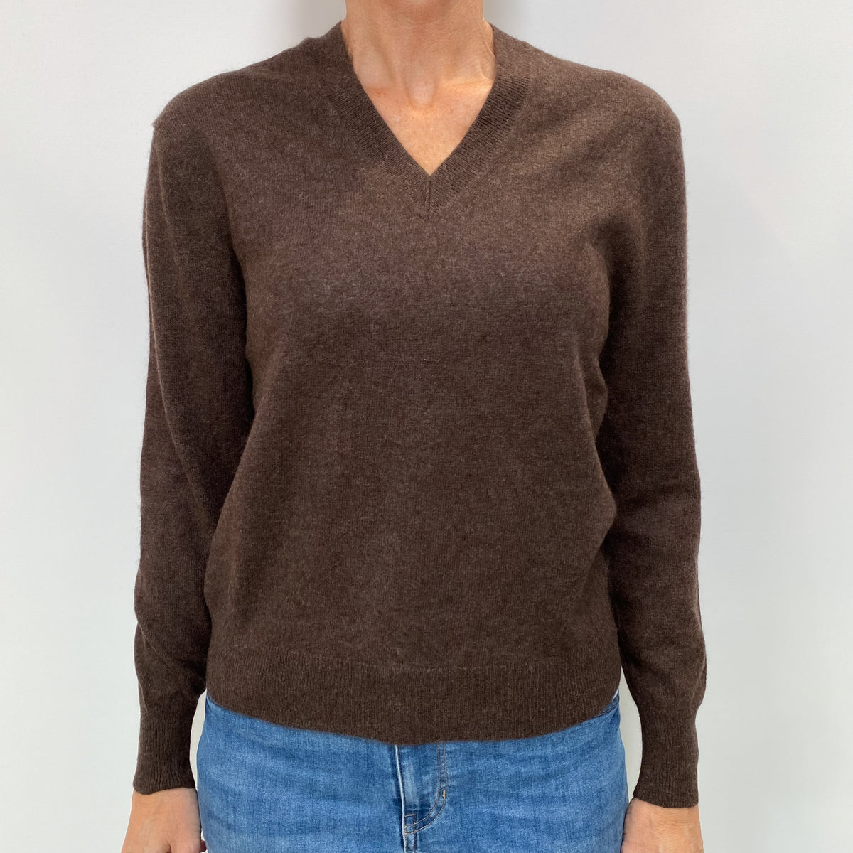 Dark Chocolate Brown Cashmere V Neck Jumper Small