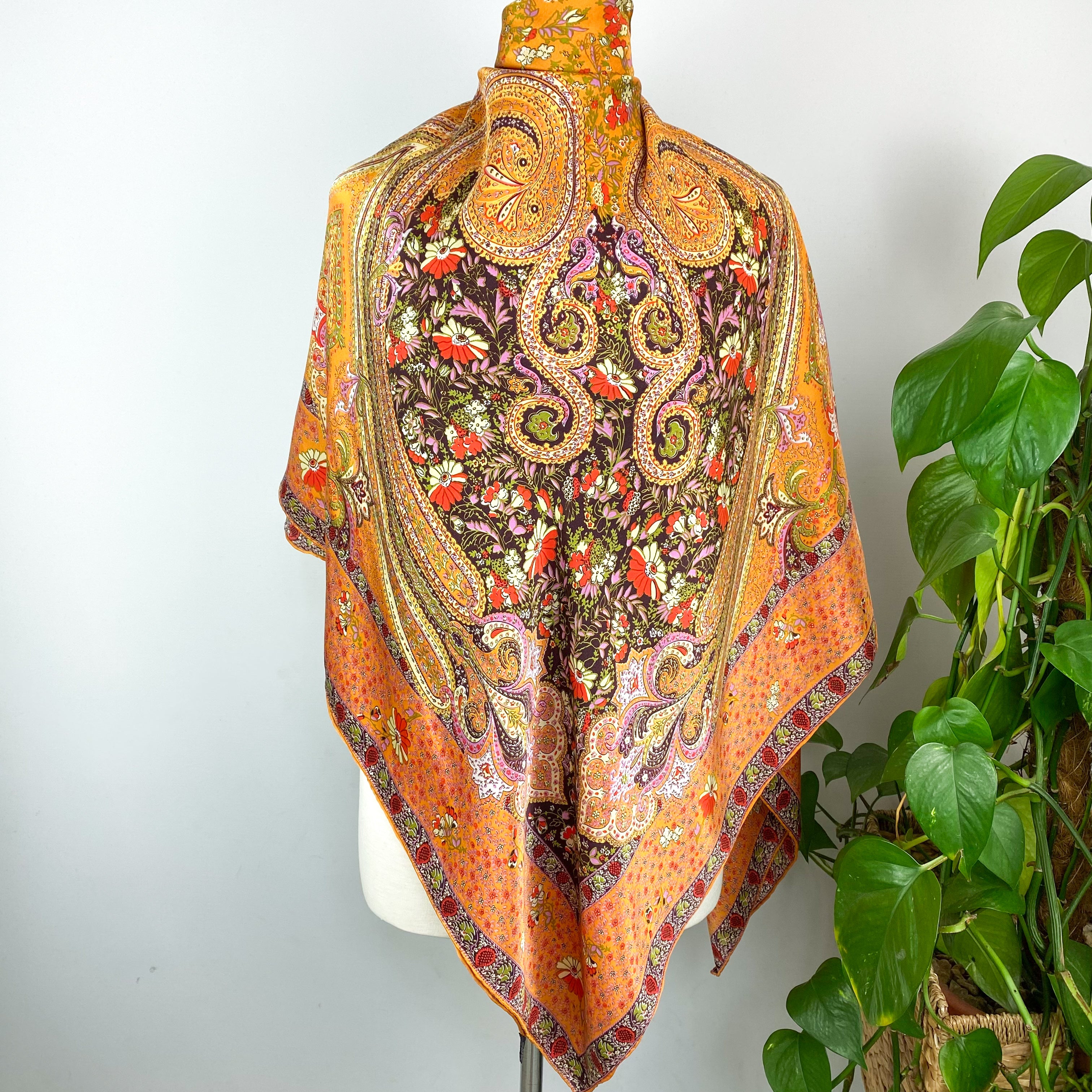 Orange Paisley and Floral Silk Scarf
